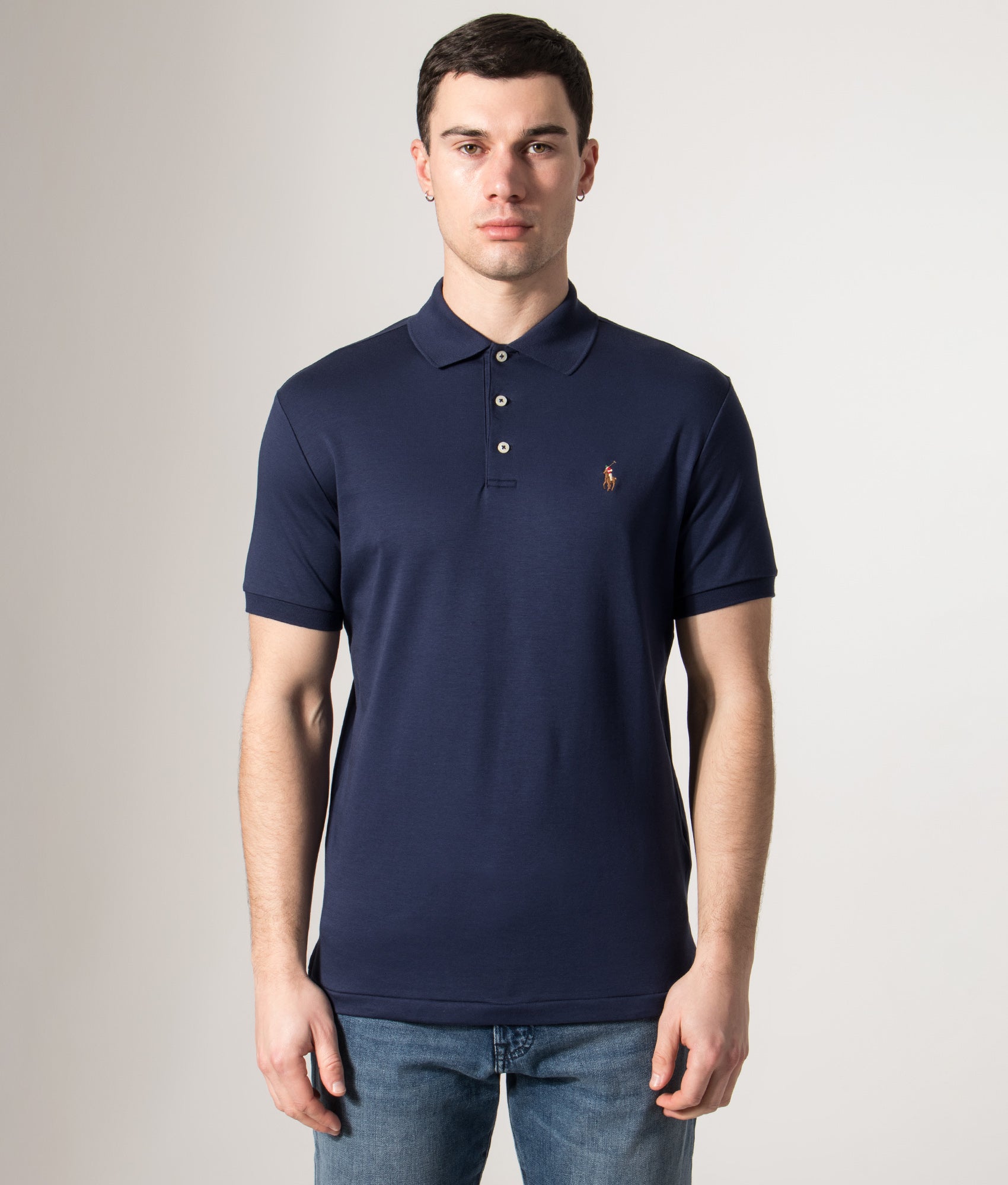 Polo Ralph Lauren Custom Slim Fit Interlock Polo Shirt in core 006 French Navy at EQVVS Menswear. Model front shot.