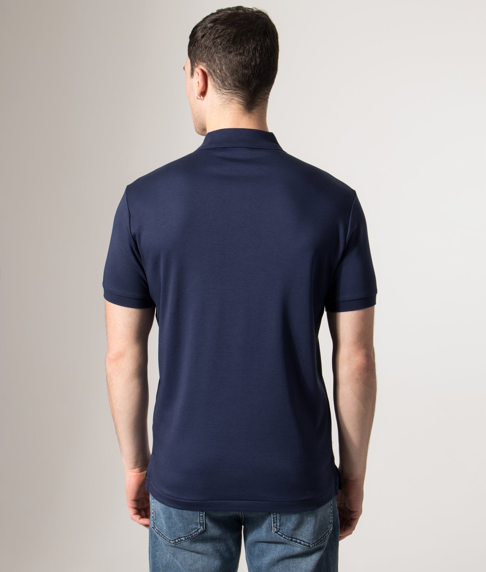 Polo Ralph Lauren Custom Slim Fit Interlock Polo Shirt in French Navy at EQVVS Menswear. Model back shot.