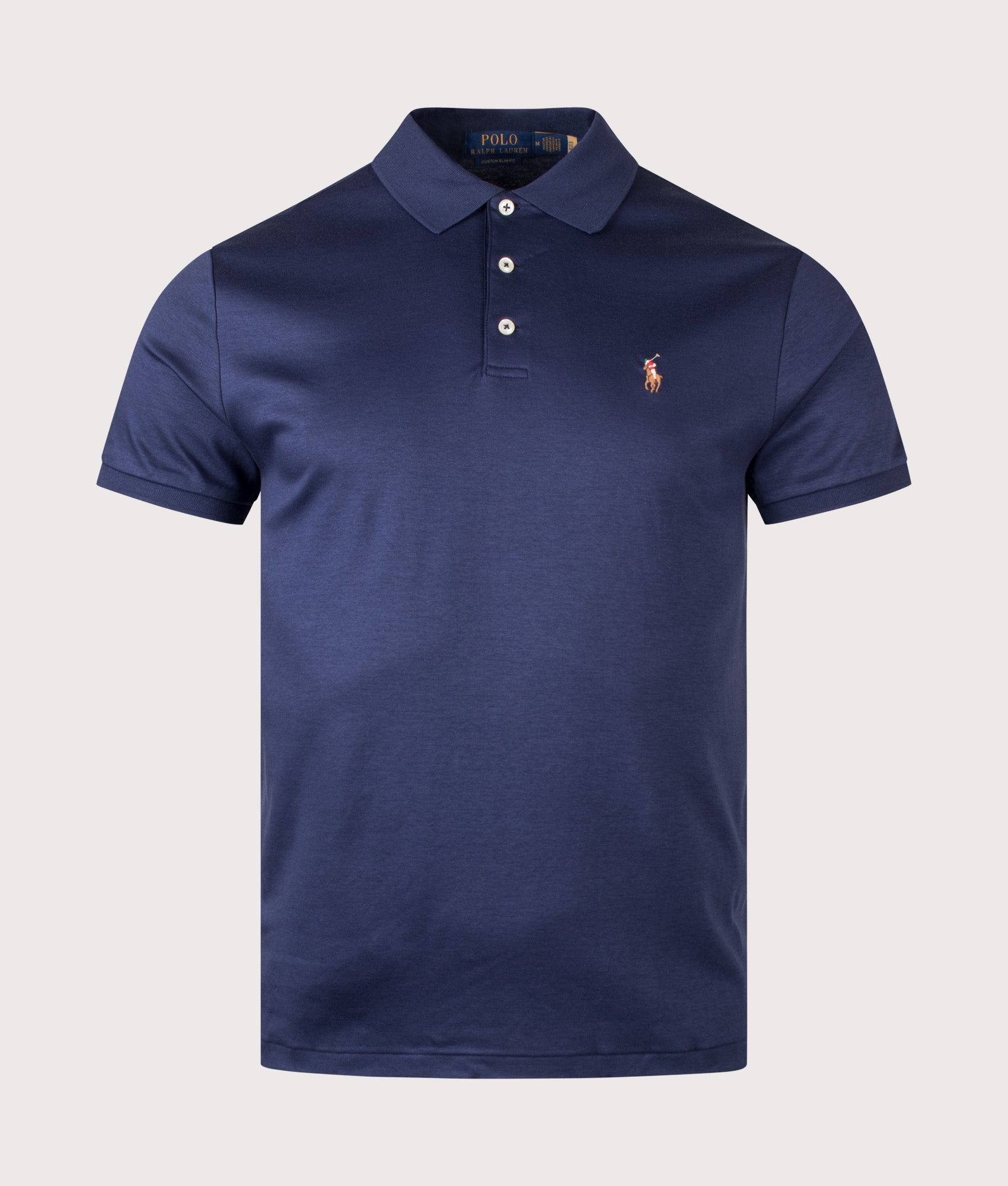 Polo Ralph Lauren Custom Slim Fit Interlock Polo Shirt in French Navy at EQVVS Menswear. Front shot.
