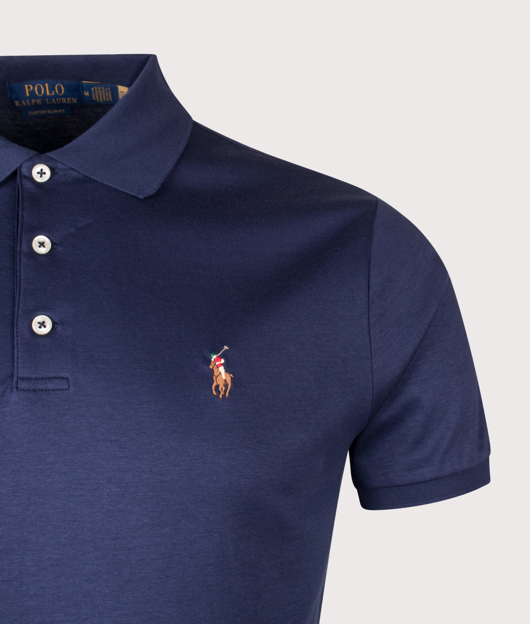 Polo Ralph Lauren Custom Slim Fit Interlock Polo Shirt in French Navy at EQVVS Menswear. Detail shot.