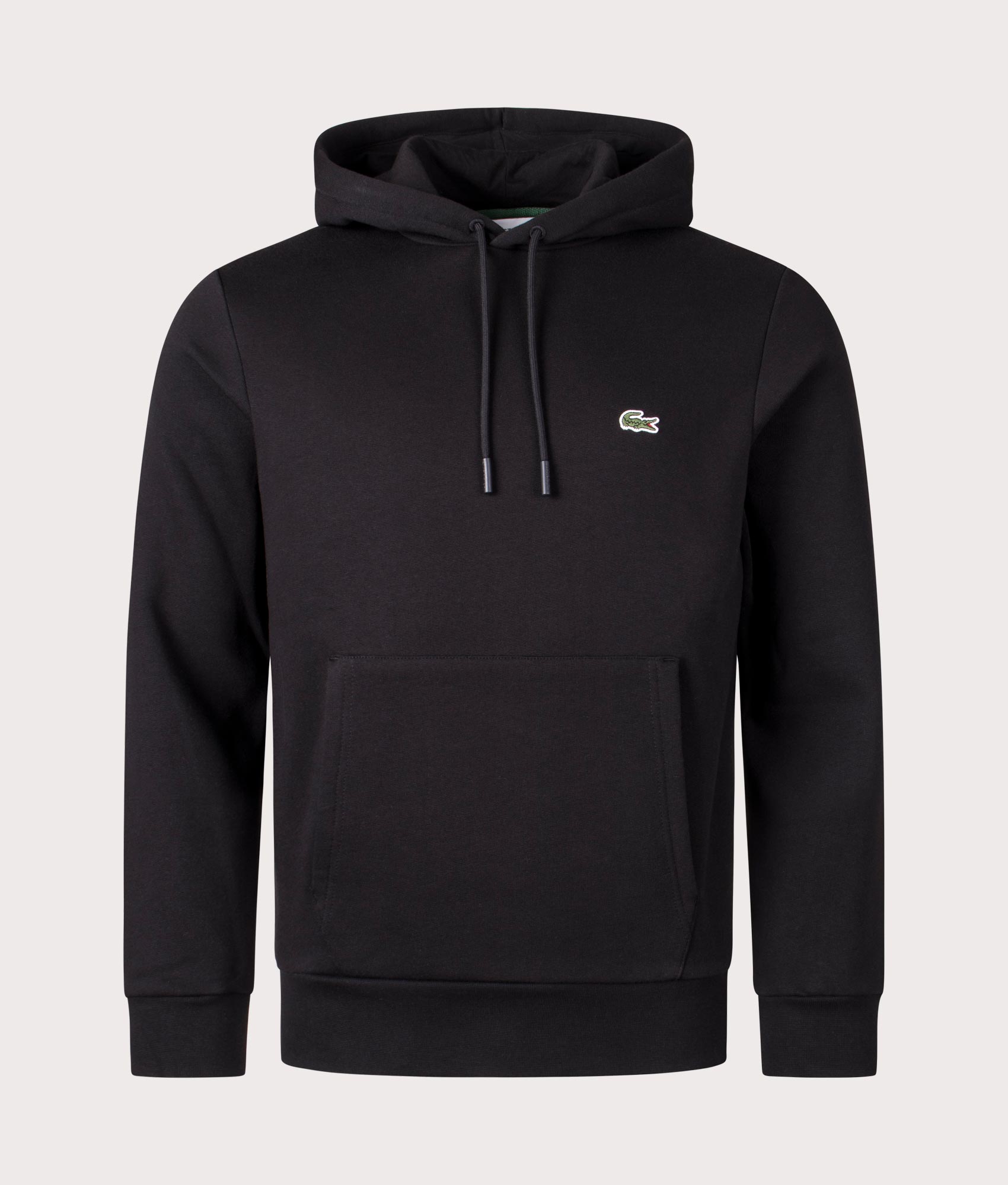 Lacoste Relaxed Fit Brushed Fleece Hoodie in Black at EQVVS Menswear. Front shot.