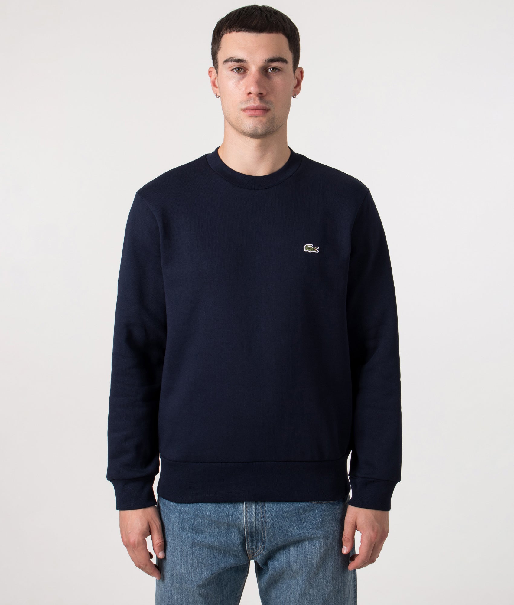 Relaxed Fit Brushed Cotton Sweatshirt in Navy Blue | Lacoste | EQVVS | Front model shot 