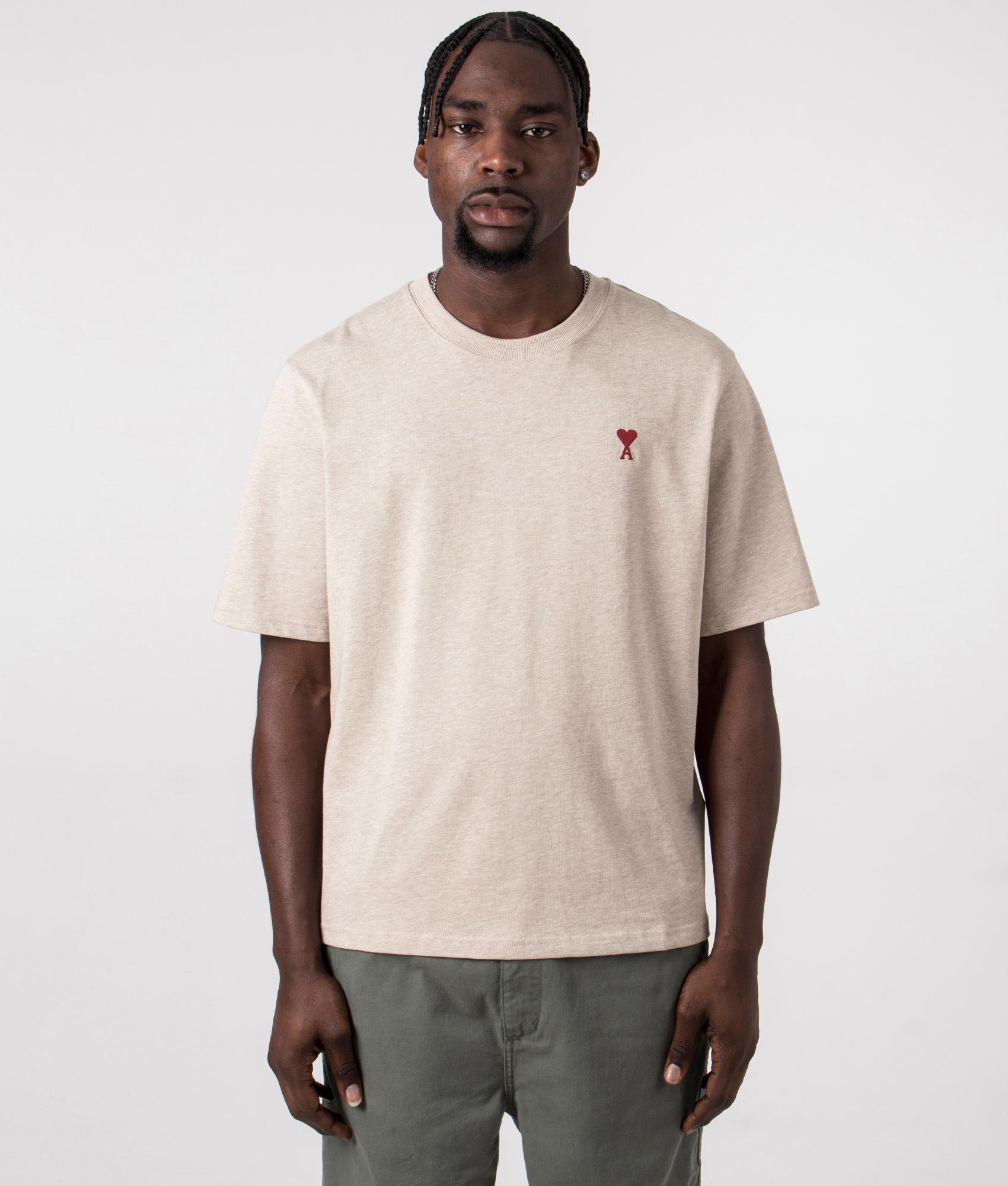 Ami De Coeur T-Shirt in Heather Light Beige by Ami. EQVVS Front Angle Shot.