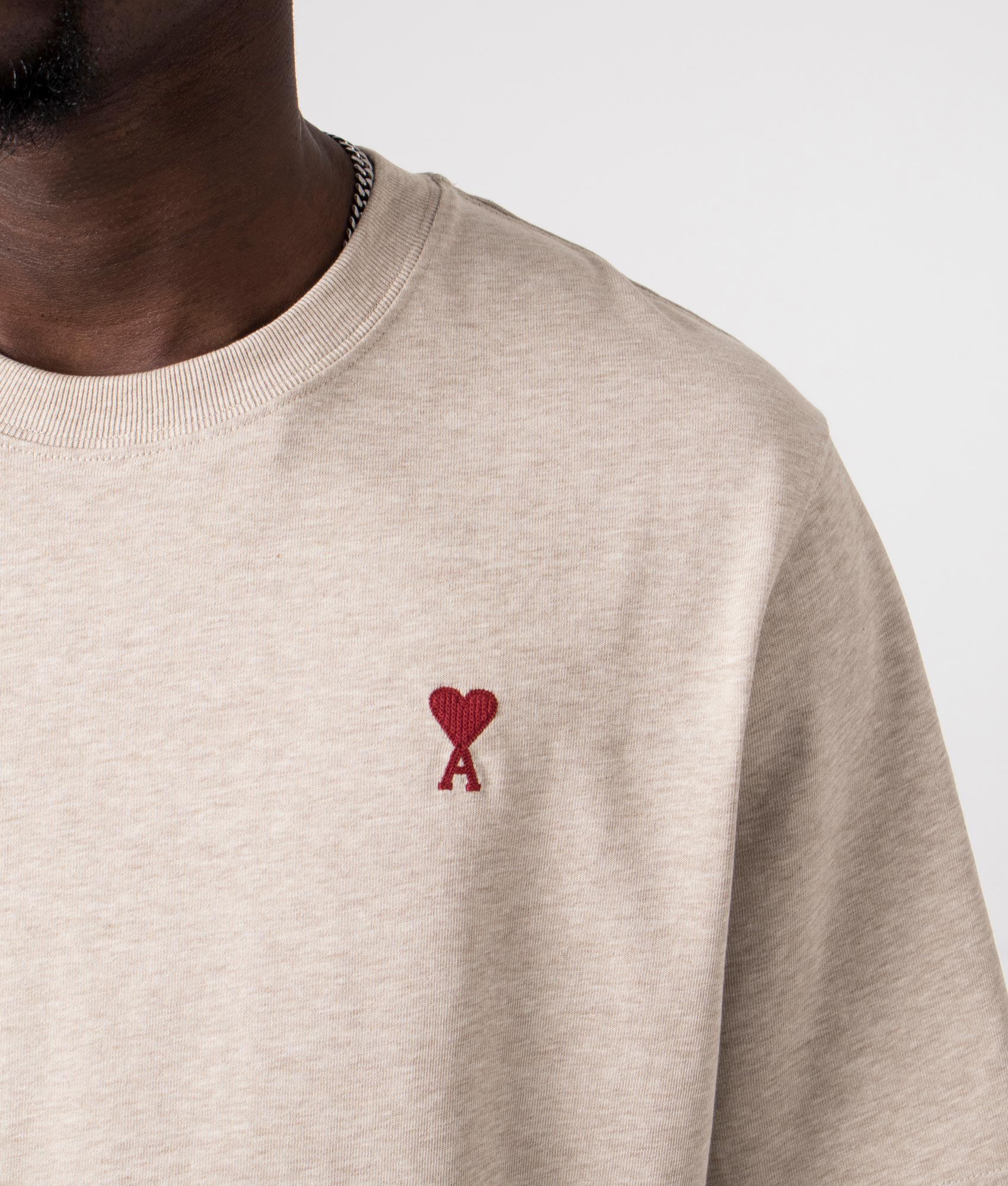 Ami De Coeur T-Shirt in Heather Light Beige by Ami. EQVVS Detail Shot.