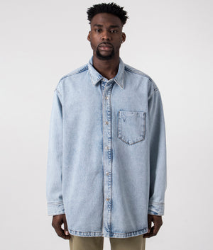 Oversized Ami De Coeur Overshirt in Bleached Denim Blue by Ami. EQVVS Front Angle Shot.