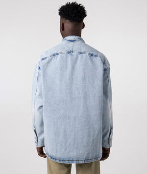 Oversized Ami De Coeur Overshirt in Bleached Denim Blue by Ami. EQVVS Back Angle Shot.