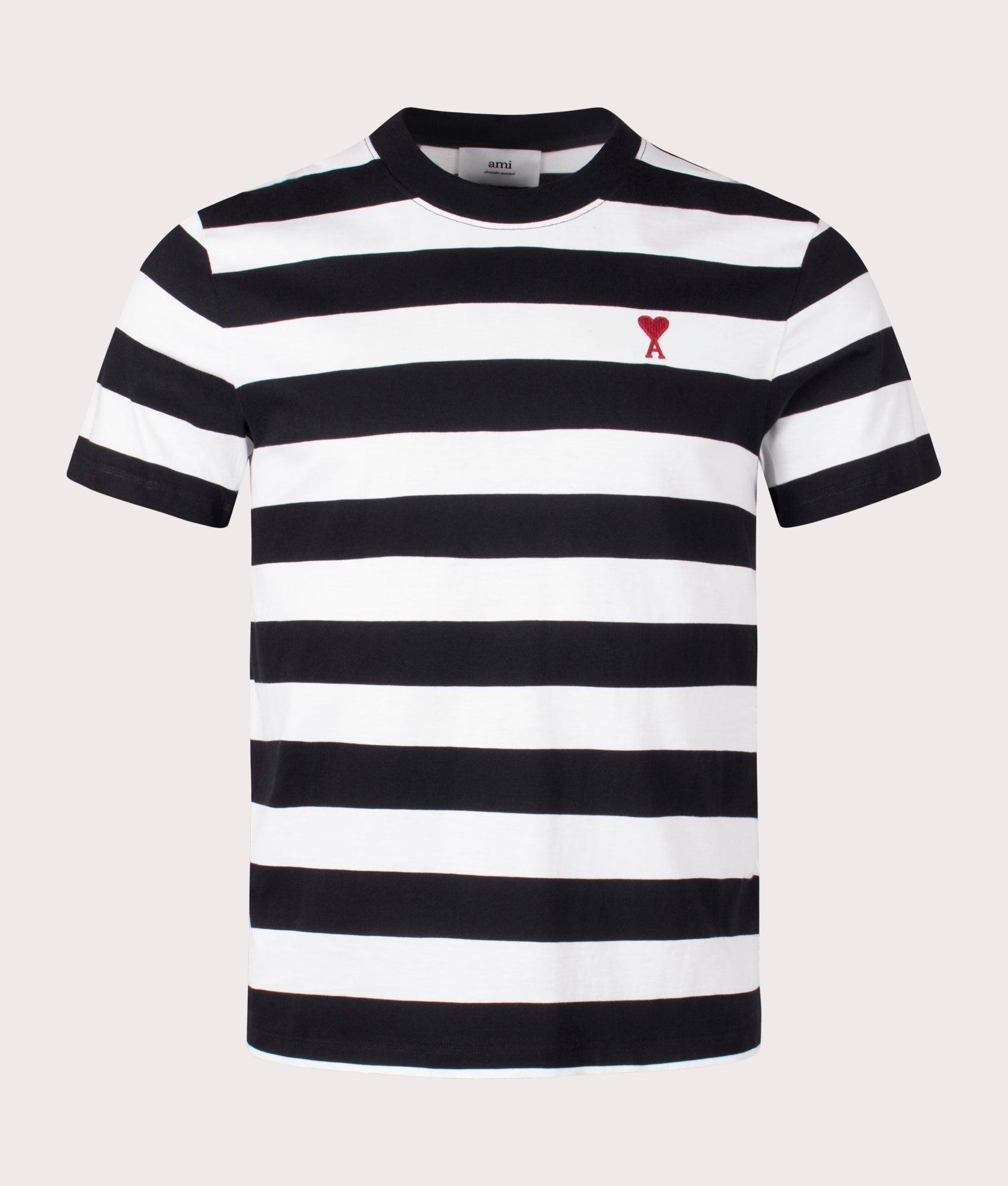 Ami De Coeur T-Shirt in Black and White Stripe by Ami. EQVVS Front Angle Shot.