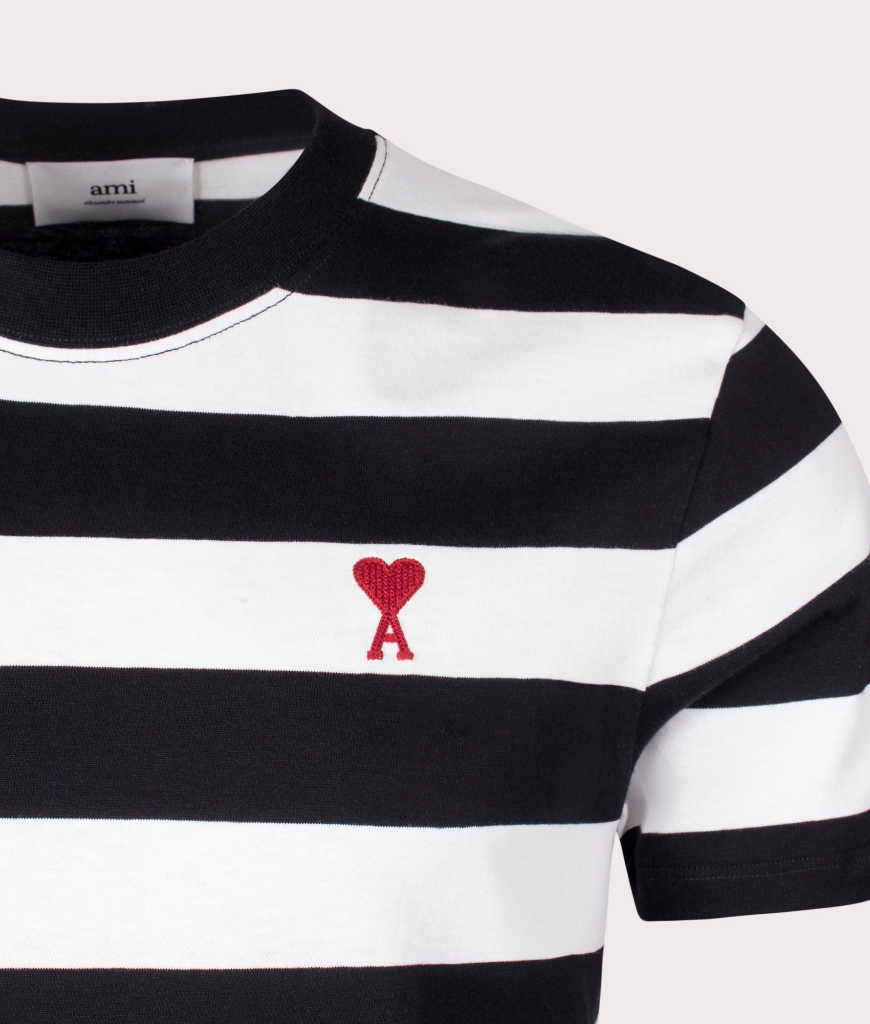 Ami De Coeur T-Shirt in Black and White Stripe by Ami. EQVVS Detail Shot.