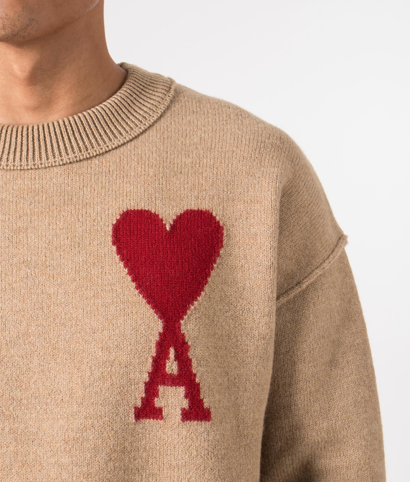 Ami De Coeur Red Jumper in Camel and Red by Ami. EQVVS Menswear Front Detail Model Shot. 