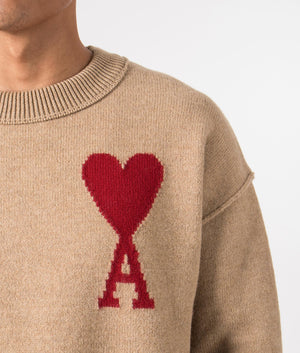 Ami De Coeur Red Jumper in Camel and Red by Ami. EQVVS Menswear Front Detail Model Shot. 