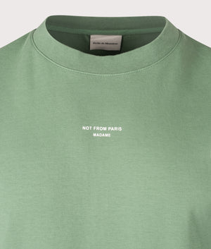 Relaxed Fit Le T-Shirt Slogan Classique in Water Green | 100% Cotton | Drôle de Monsieur | EQVVS | Front detail shot 