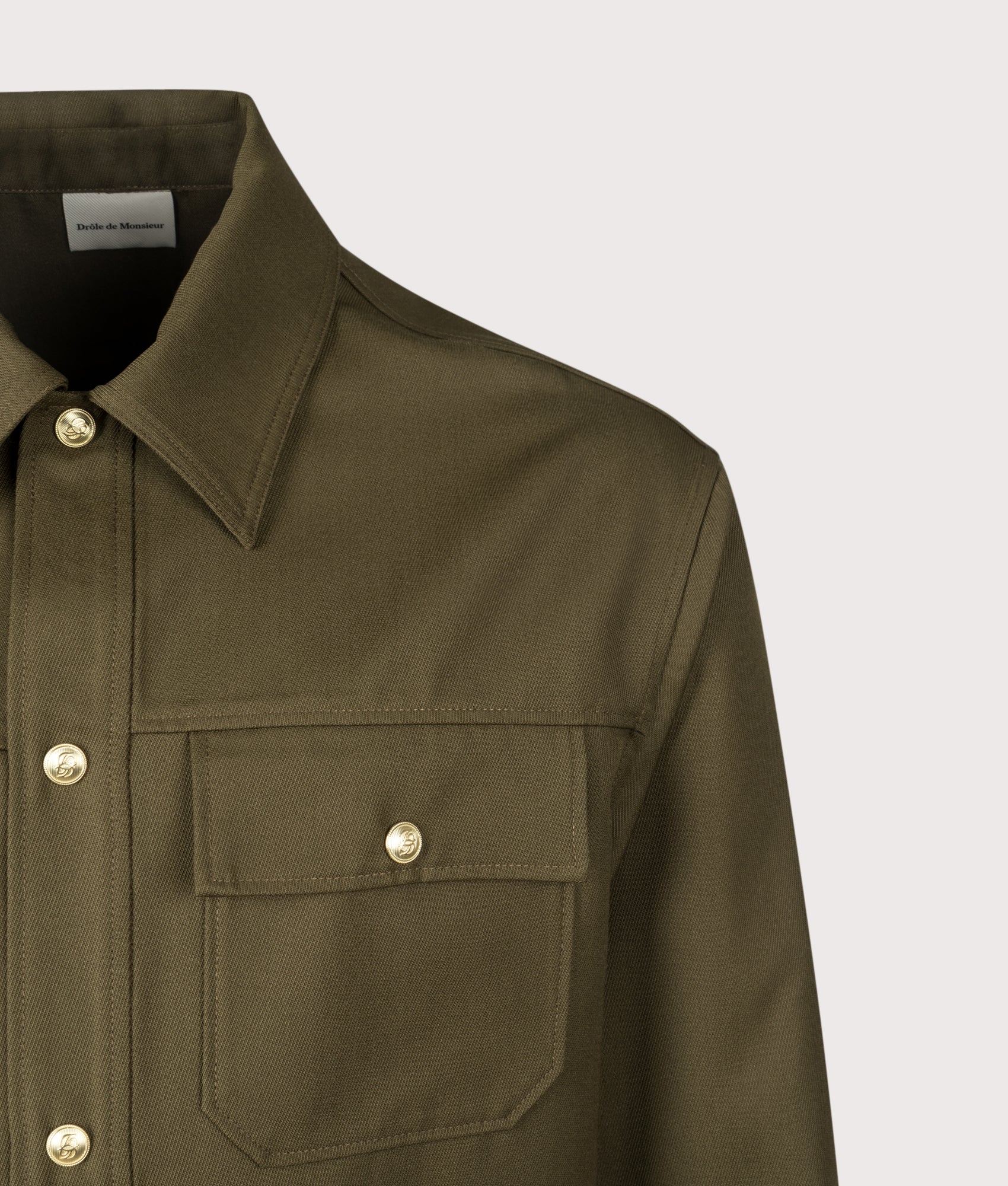 La Surchemise à Poches Overshirt in Khaki | Drôle de Monsieur | EQVVS | Front detail shot 