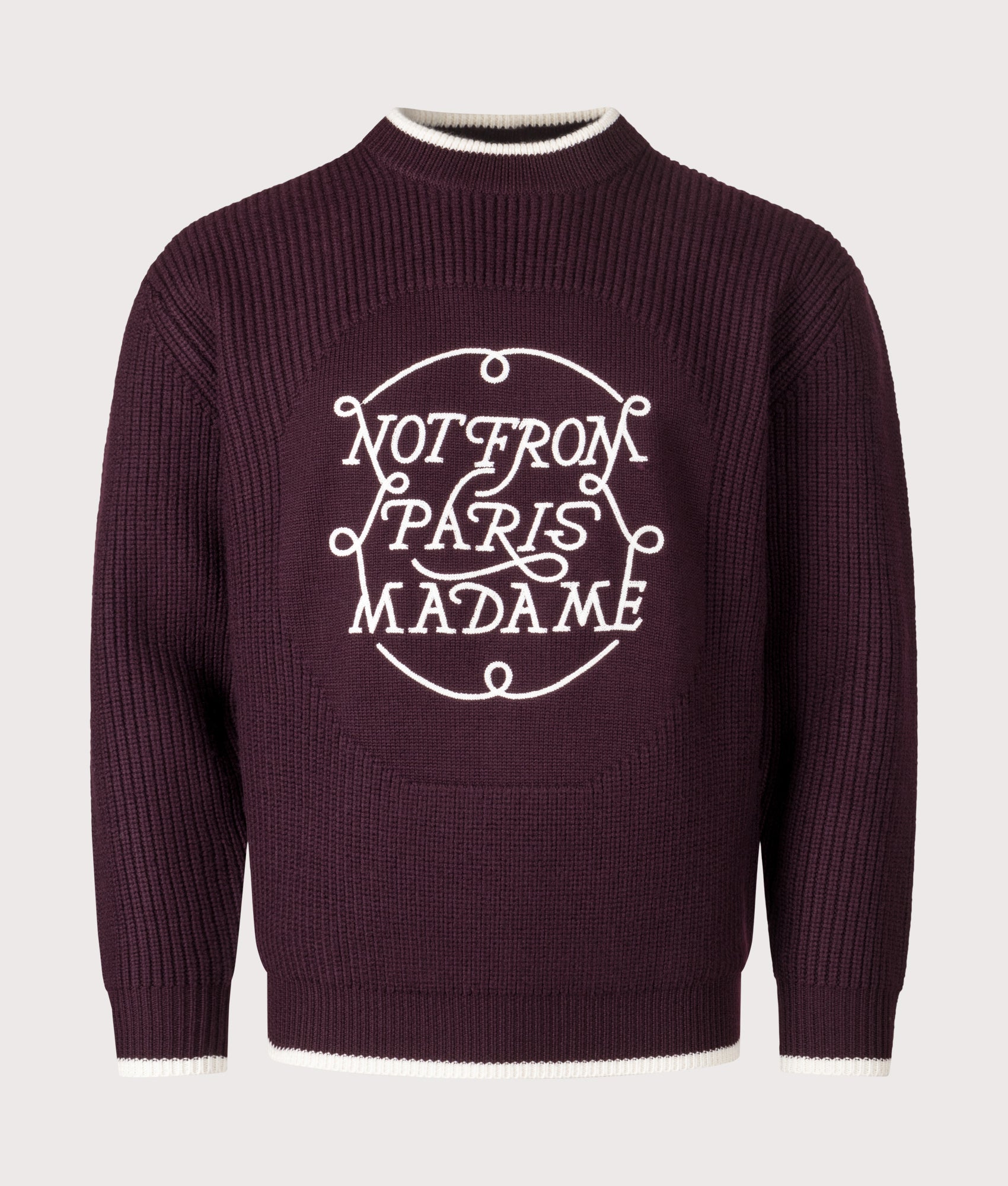 Relaxed Fit La Maille Slogan Knit in Wine | 100% Merino Wool | Drôle de Monsieur | EQVVS | Front shot 