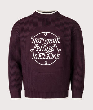 Relaxed Fit La Maille Slogan Knit in Wine | 100% Merino Wool | Drôle de Monsieur | EQVVS | Front shot 