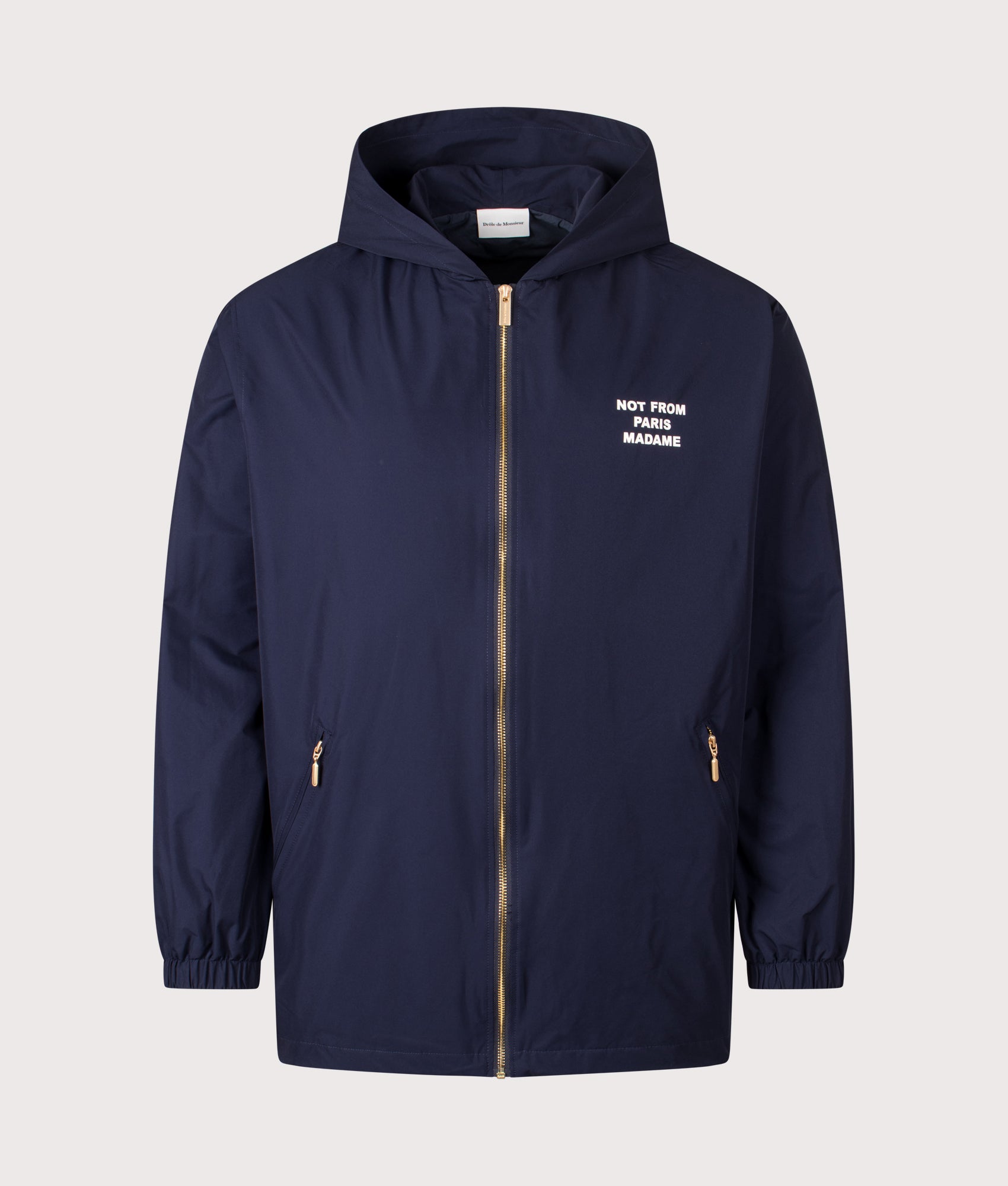 La Veste Capuche Slogan in Navy | 100% Polyester | Drôle de Monsieur | EQVVS | Front shot 