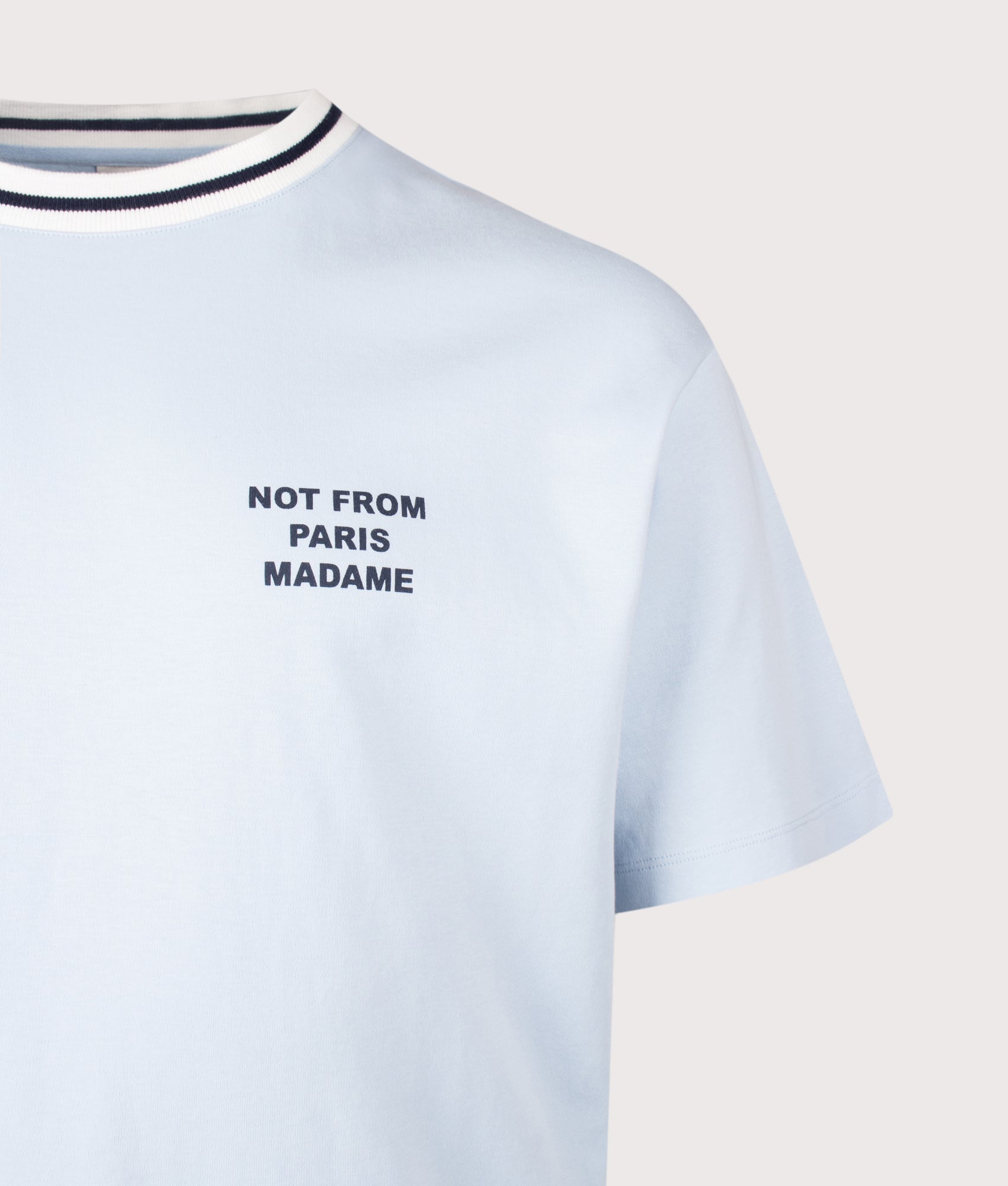 Slogan Sport T-Shirt in Light Blue by Drôle de Monsieur. Shot by EQVVS. Detail shot.