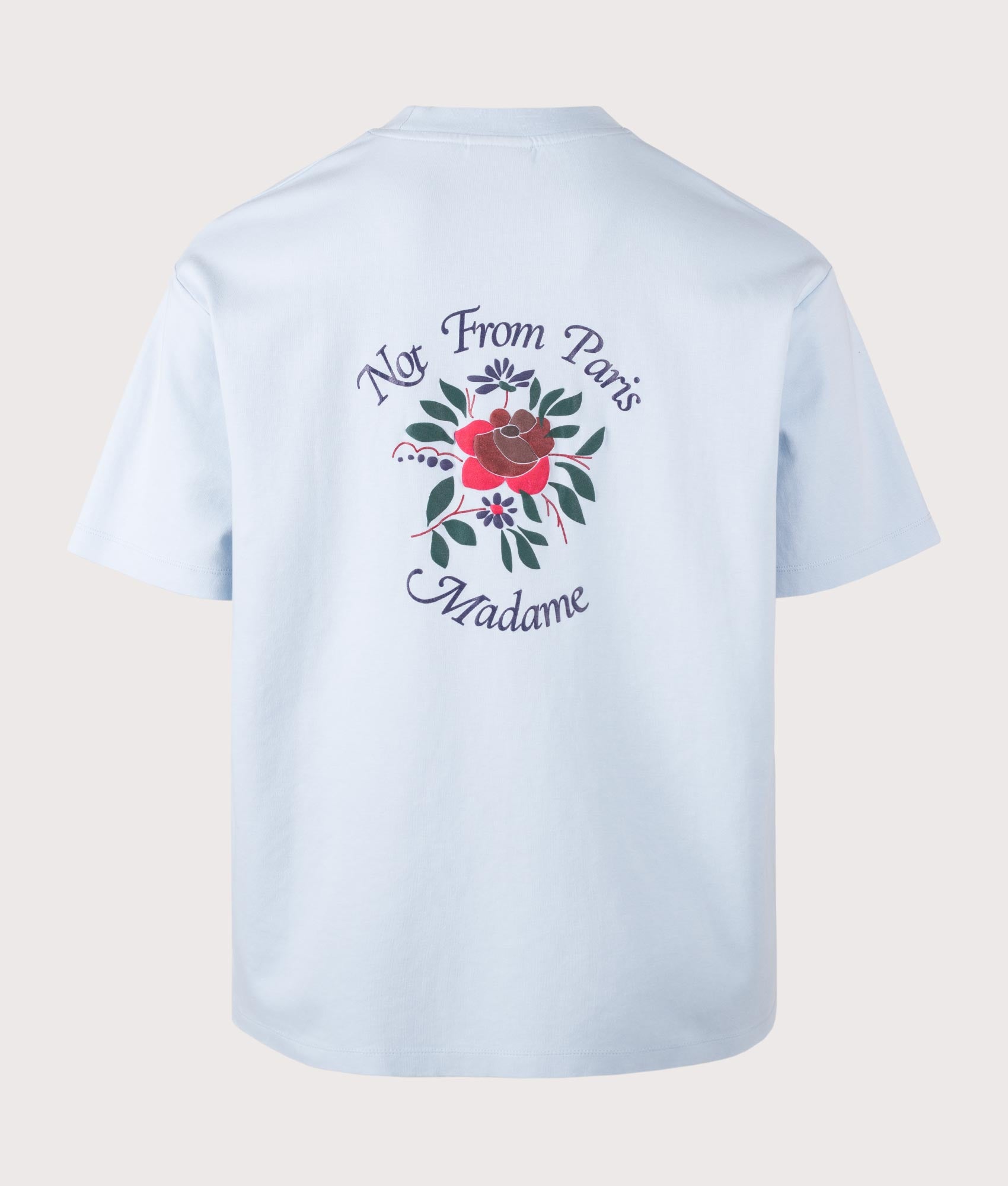 Drôle de Monsieur Slogan Rose T-Shirt in Light Blue at EQVVS Menswear. Back shot.
