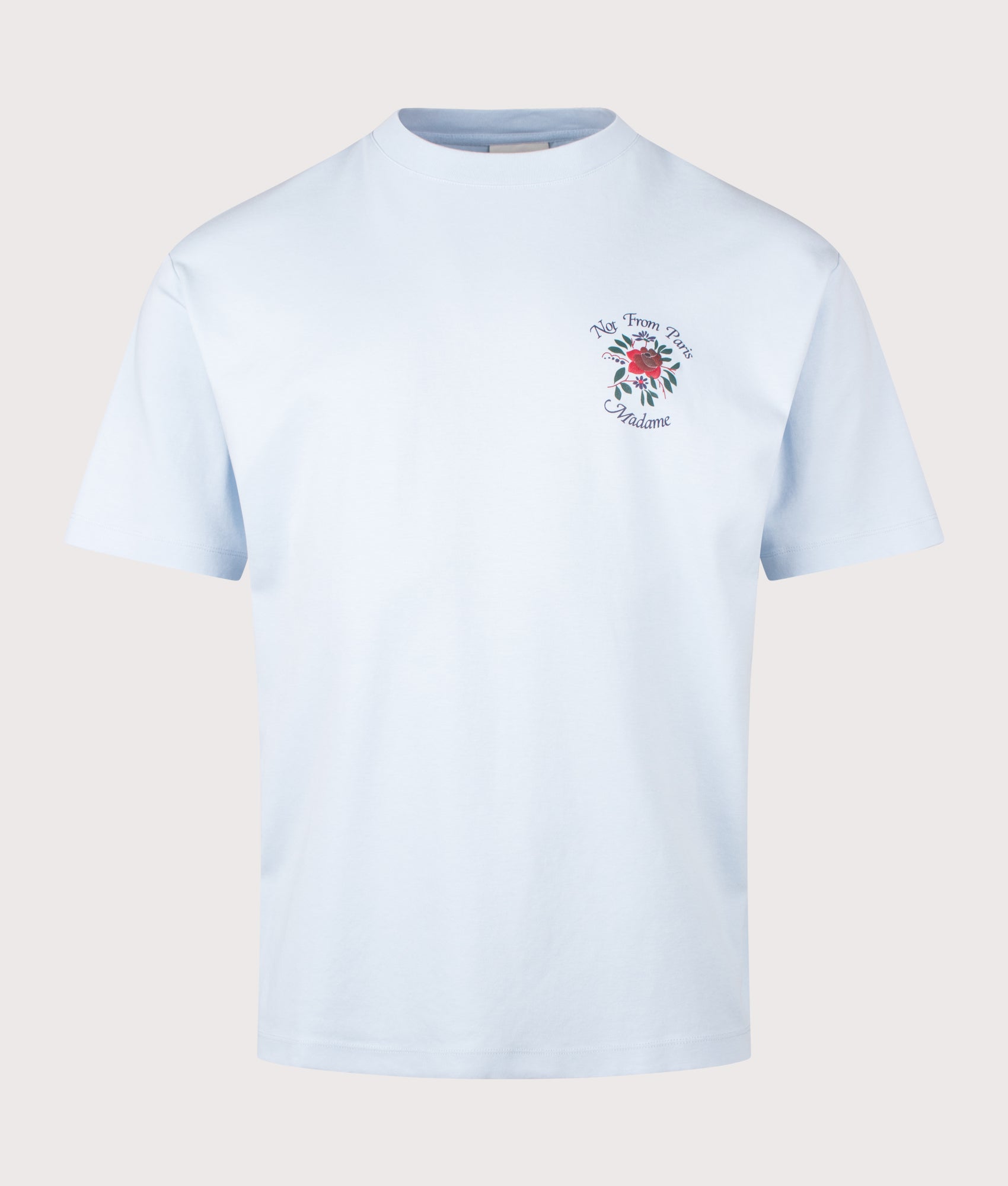 Slogan Rose T-Shirt in Light Blue by Drôle de Monsieur. Shot by EQVVS. Front Shot.