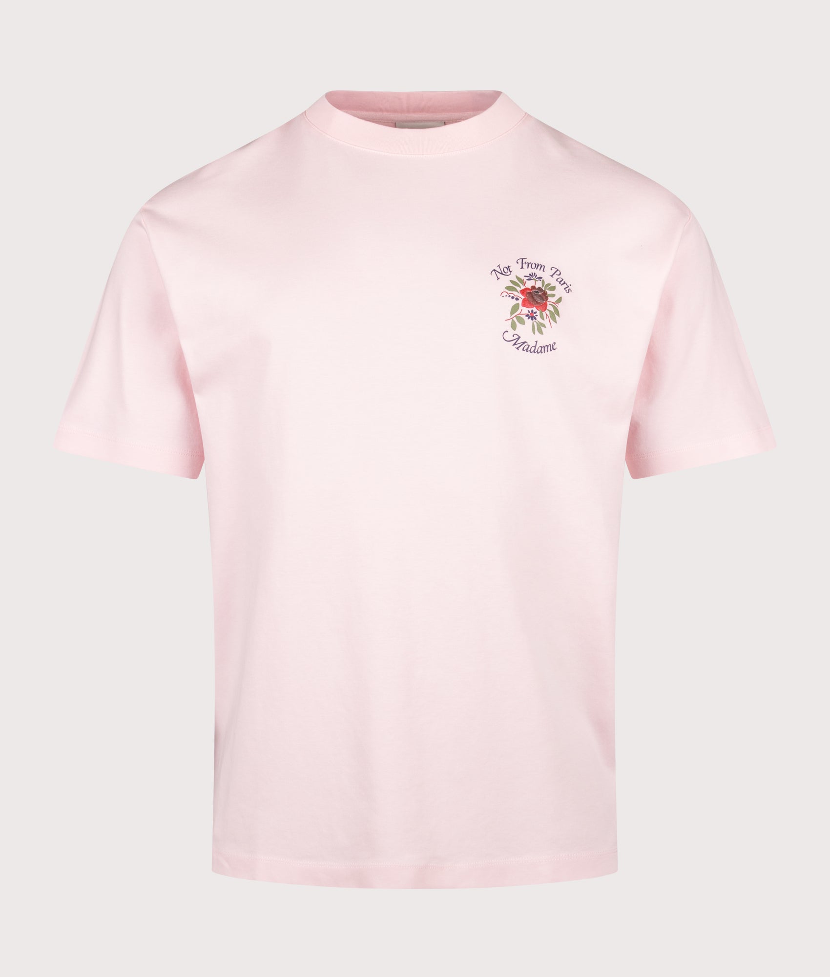 Slogan Rose T-Shirt in Light Pink by Drôle de Monsieur. Shot by EQVVS. Front Shot.