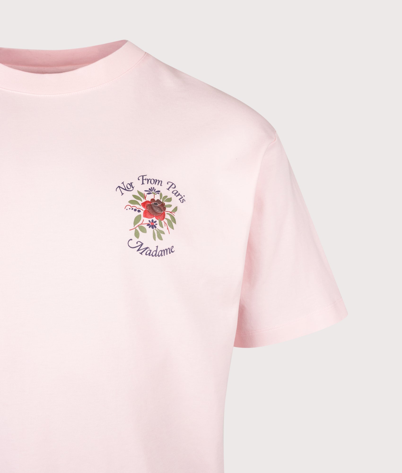 Slogan Rose T-Shirt in Light Pink by Drôle de Monsieur. Shot by EQVVS. Detail Shot.