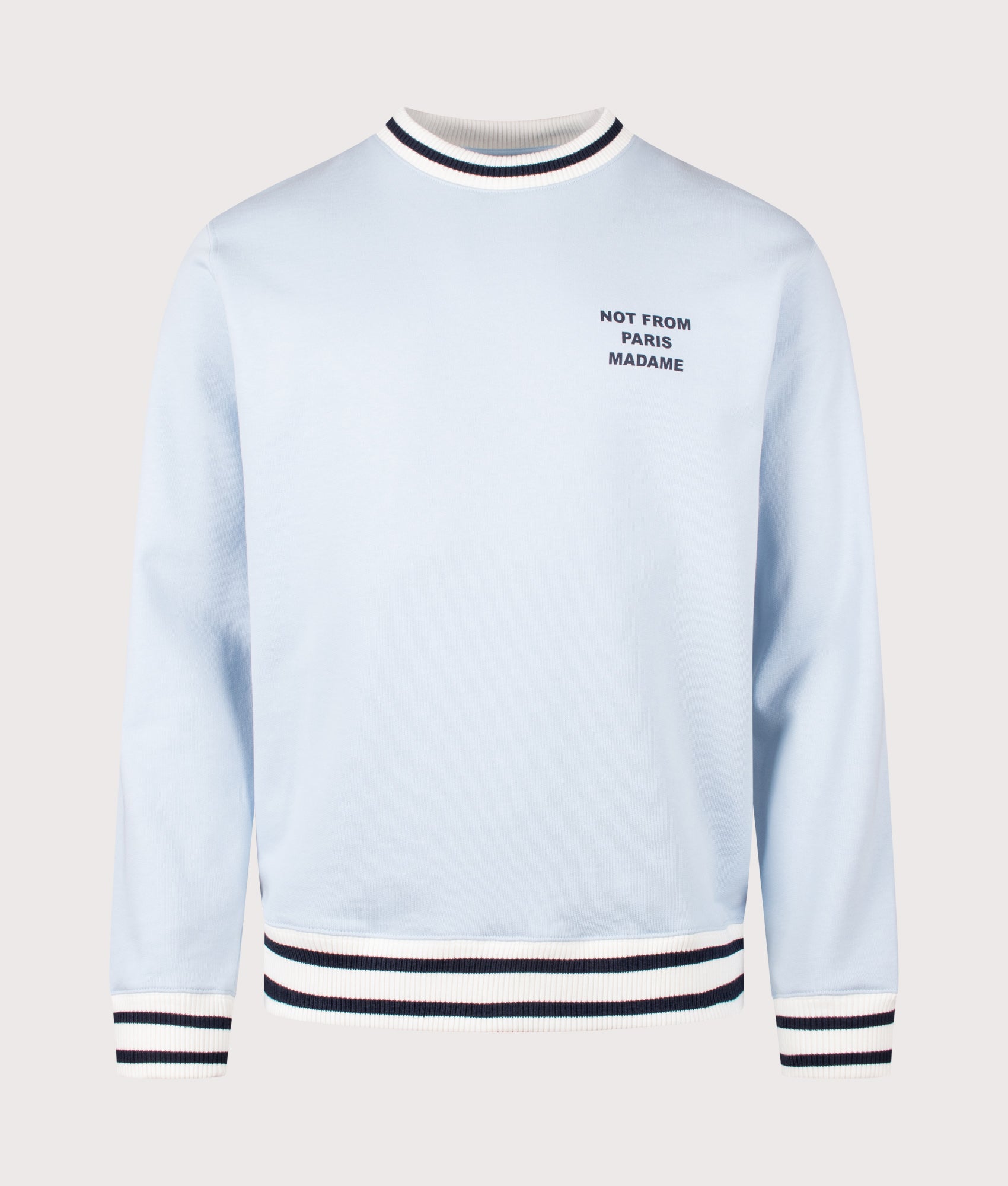 Slogan Sport Sweatshirt in Light Blue by Drôle de Monsieur. Shot by EQVVS. Front shot.