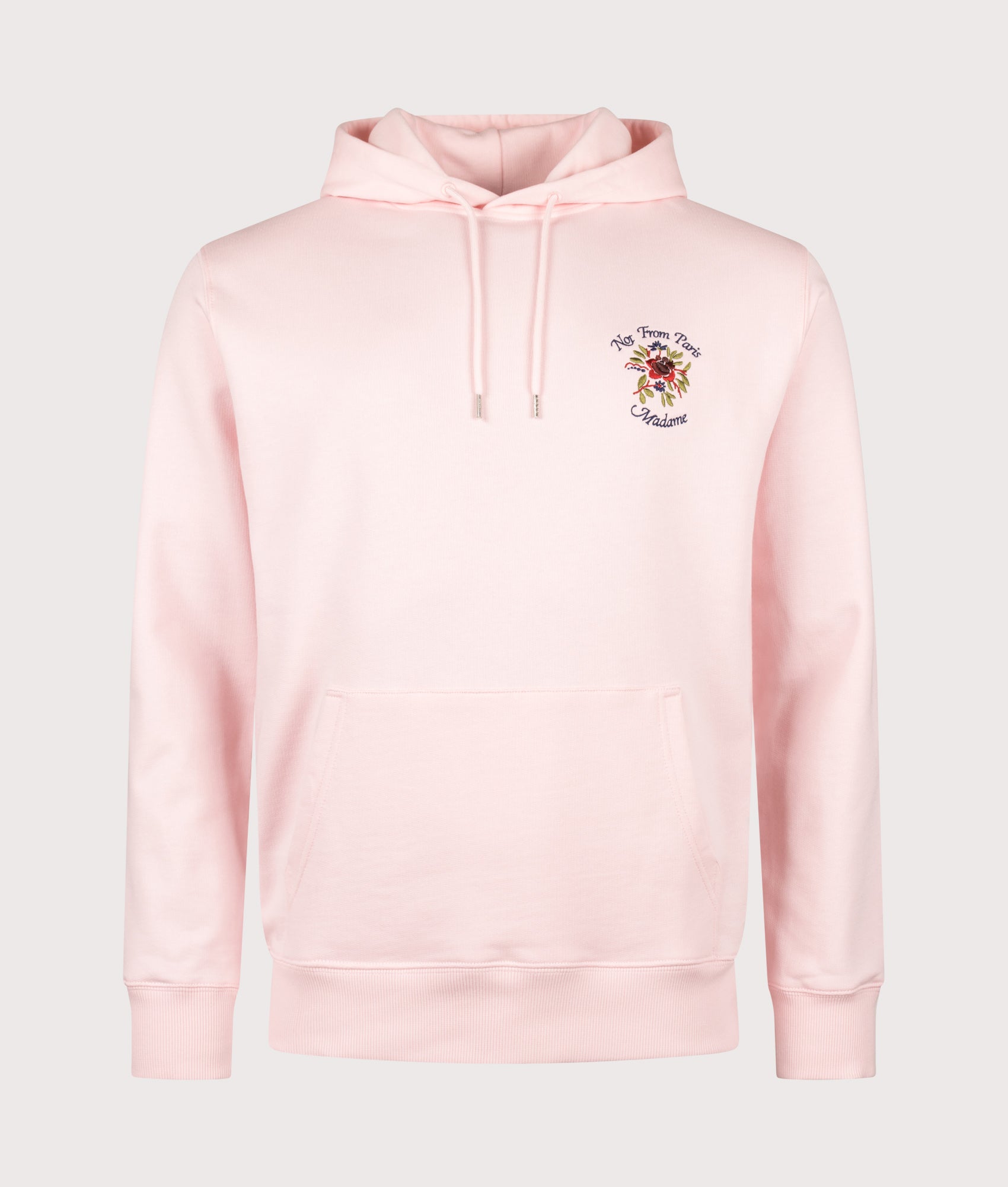Slogan Rose Hoodie in Light Pink by Drôle de Monsieur. Shot by EQVVS. Front shot.