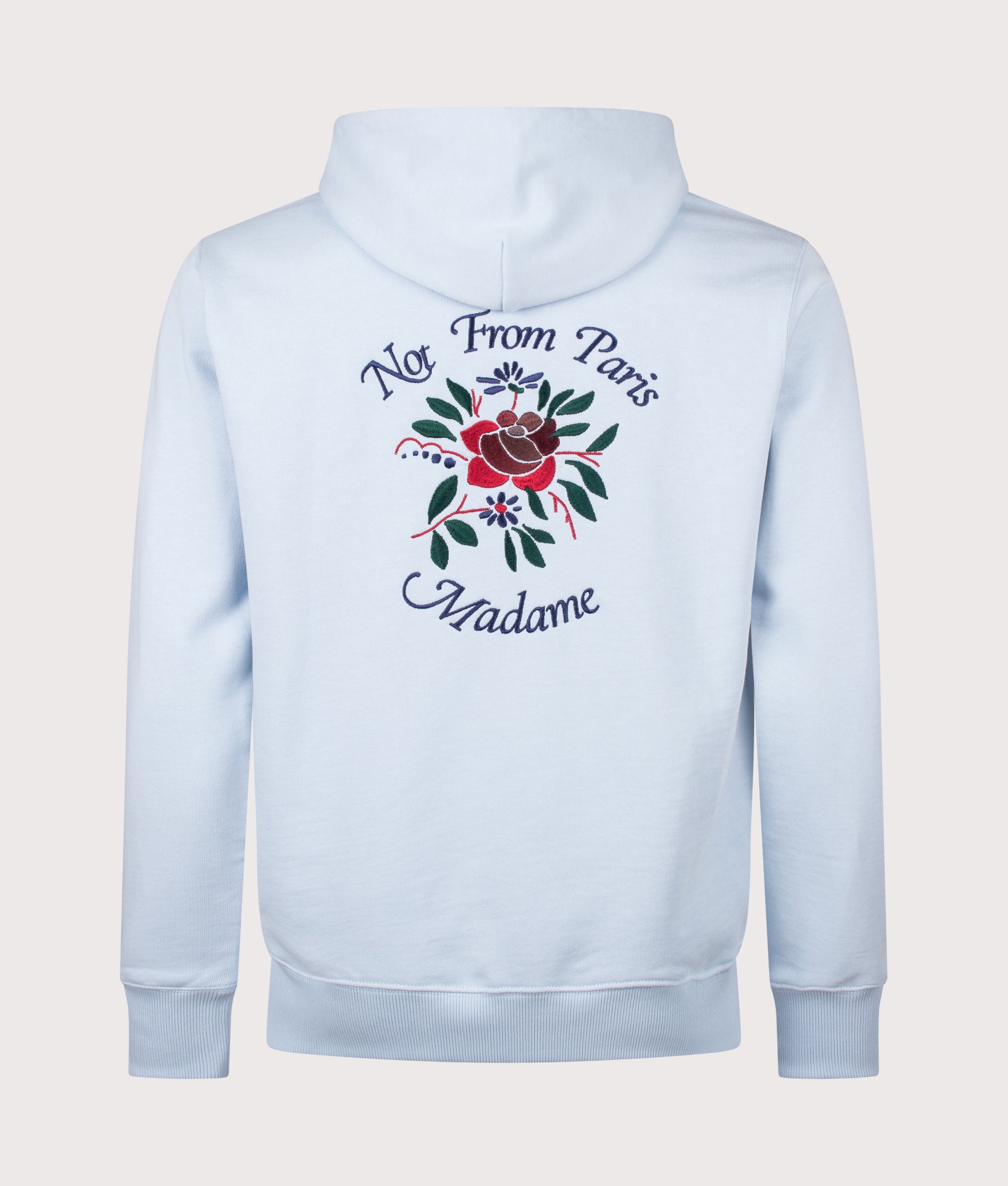 Slogan Rose Hoodie in Light Blue by Drôle de Monsieur. Shot by EQVVS. Back shot.