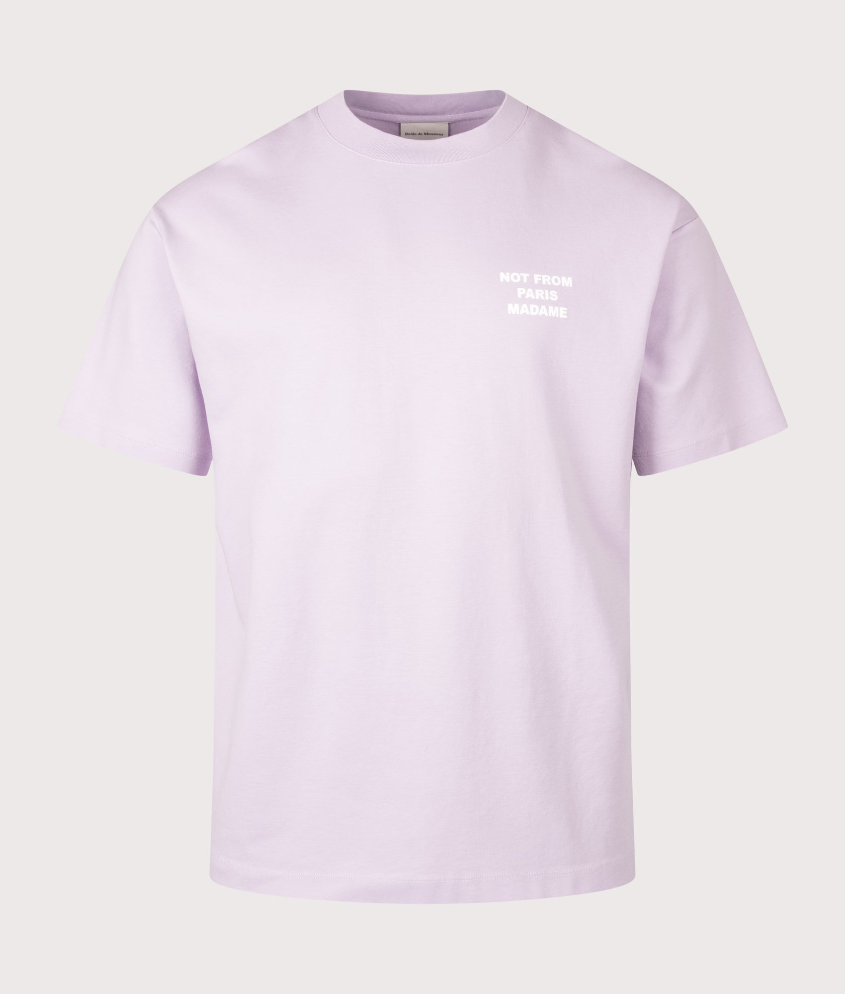 Drôle de Monsieur Relaxed Fit Slogan T-Shirt in Lavender at EQVVS Menswear. Front shot.