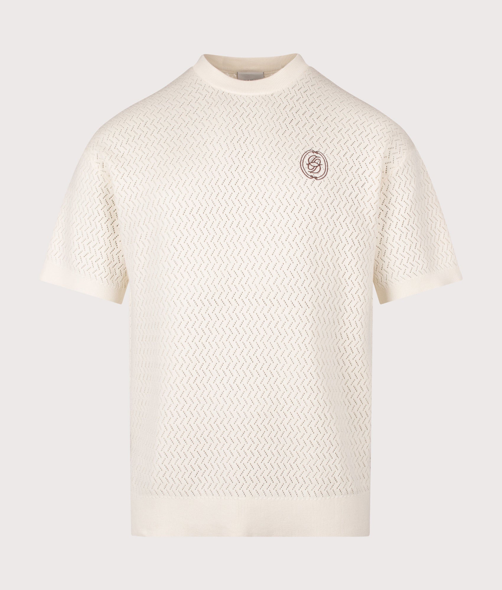 Drôle de Monsieur  Mirrored 'D' Openwork Mesh T-Shirt in Off White at EQVVS Menswear. Front shot.