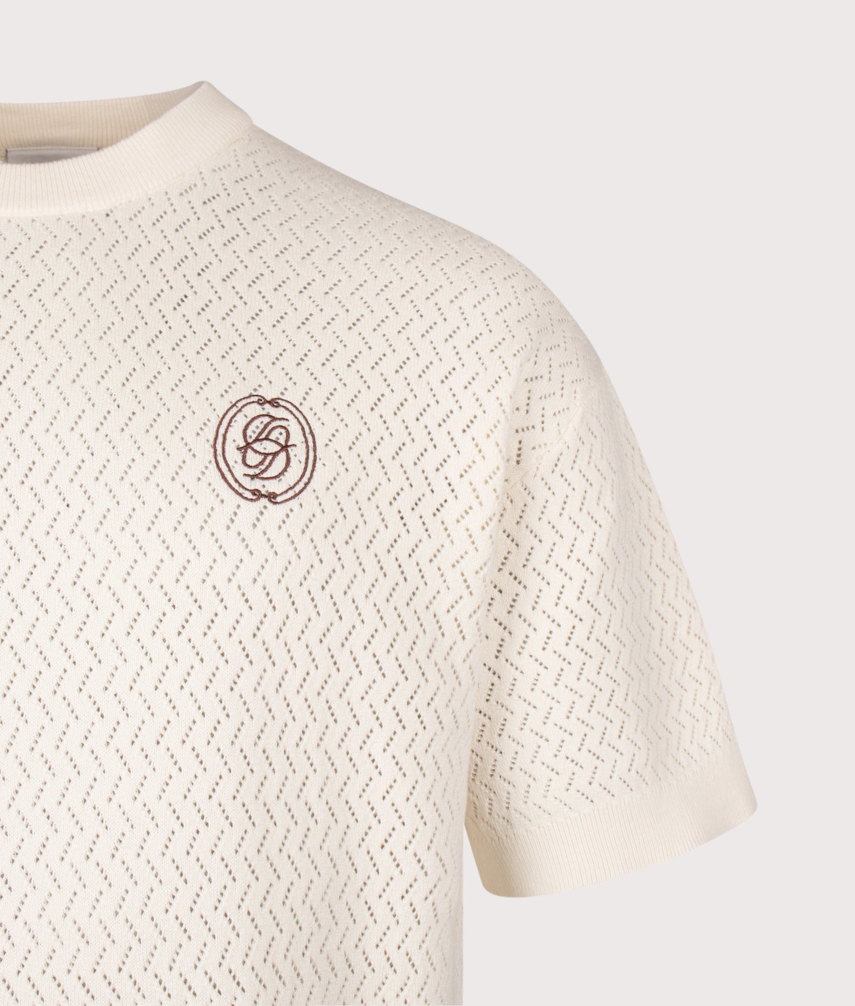 Drôle de Monsieur  Mirrored 'D' Openwork Mesh T-Shirt in Off White at EQVVS Menswear. Detail shot.