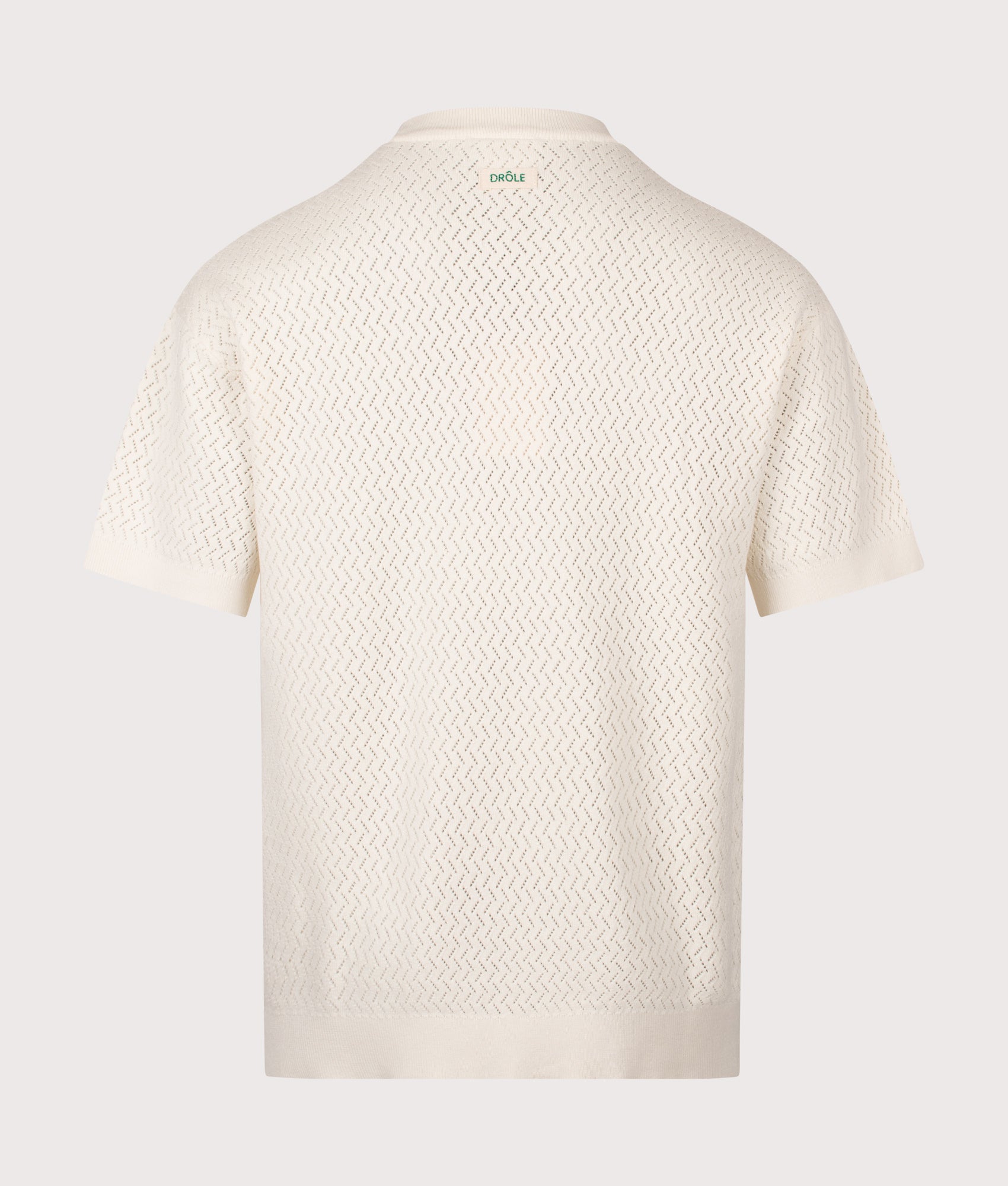 Drôle de Monsieur  Mirrored 'D' Openwork Mesh T-Shirt in Off White at EQVVS Menswear. Back shot.