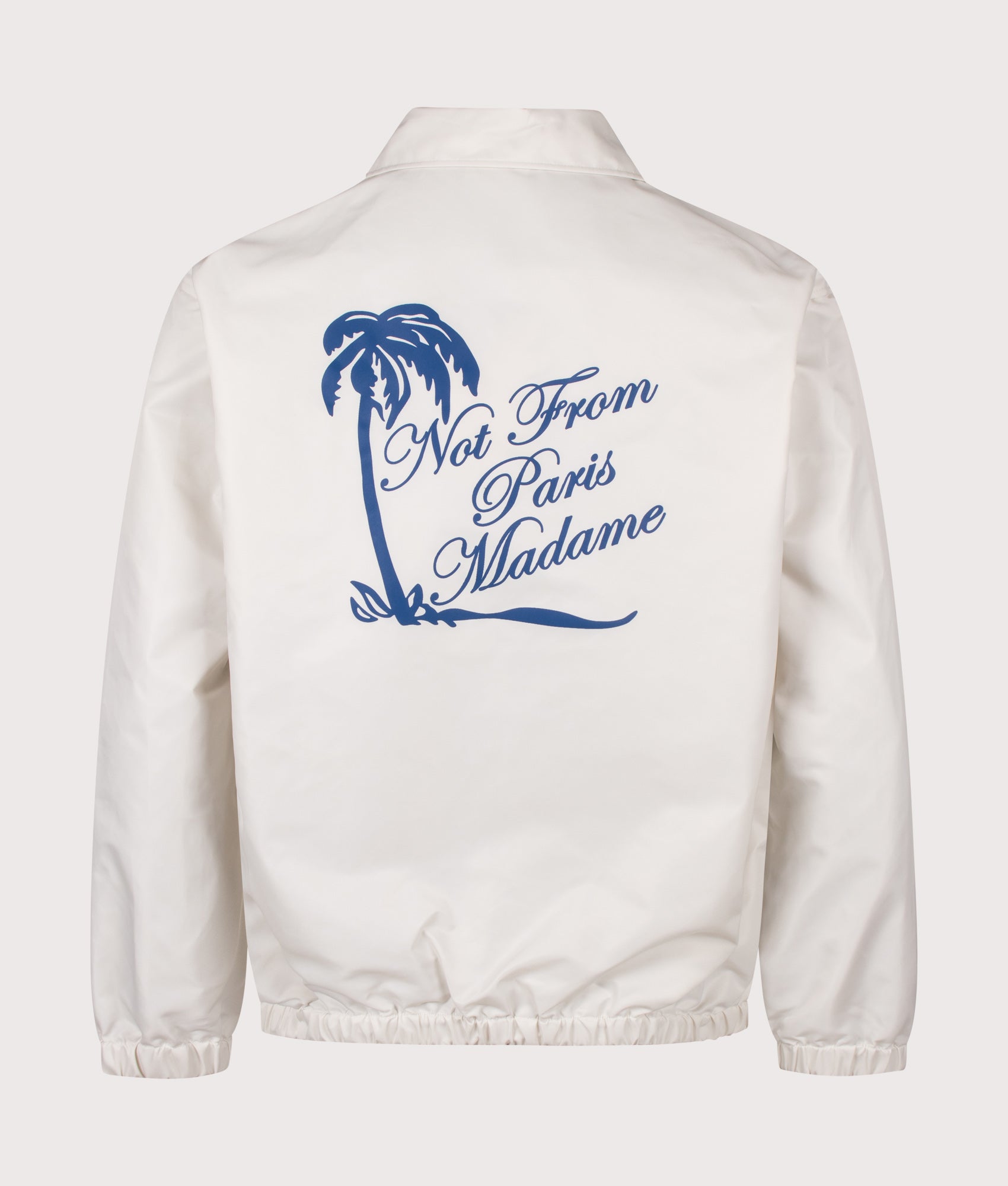 Drôle de Monsieur Relaxed Fit Palm Slogan Jacket in Off White at EQVVS Menswear. Back shot.