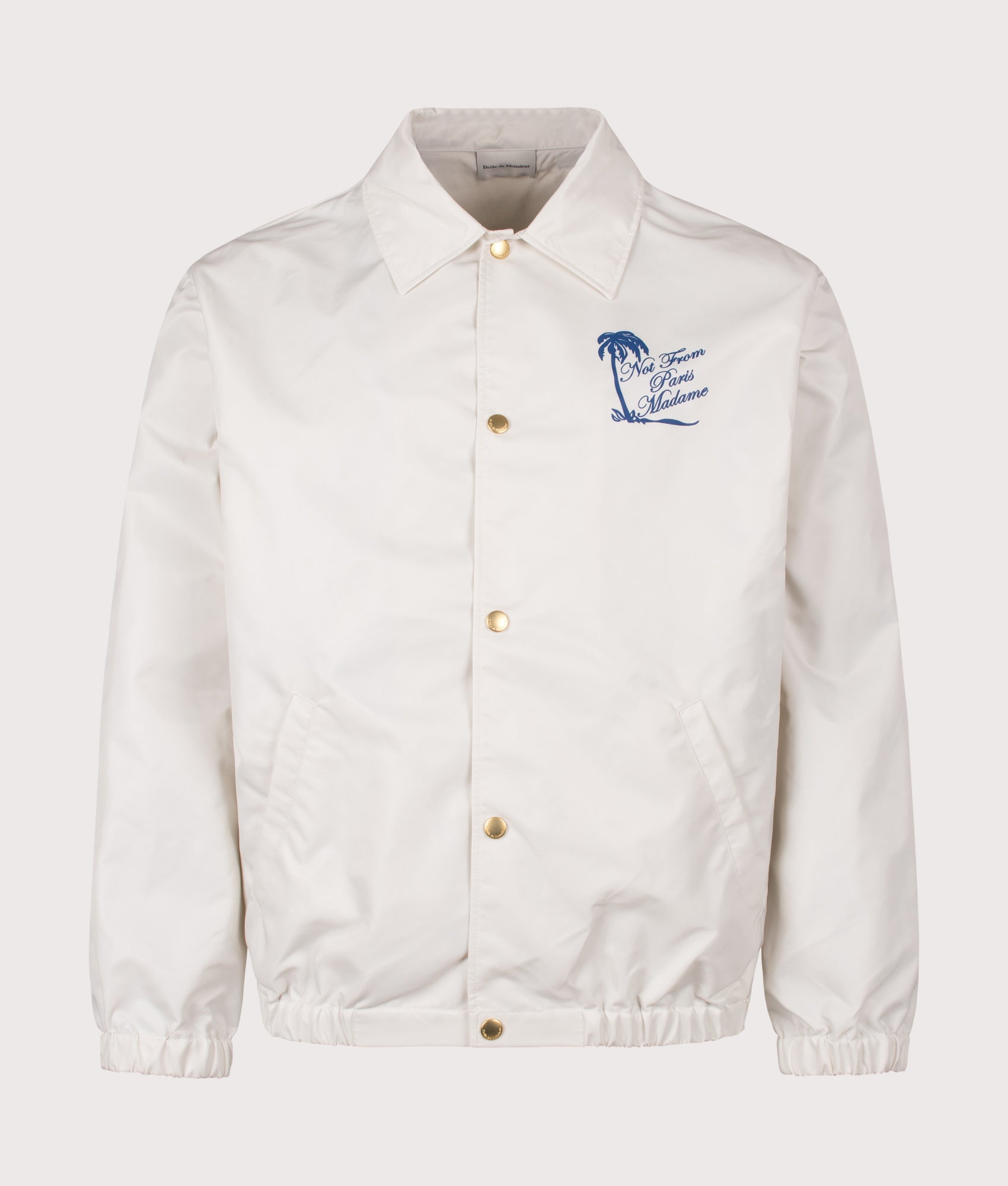 Drôle de Monsieur Relaxed Fit Palm Slogan Jacket in Off White at EQVVS Menswear. Front shot.