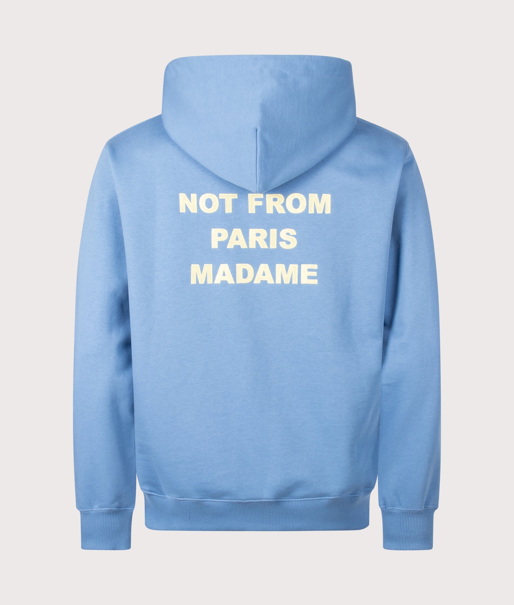 Drôle de Monsieur release the Relaxed Fit Slogan Hoodie in Atlantic Blue at EQVVS Menswear. Back shot.