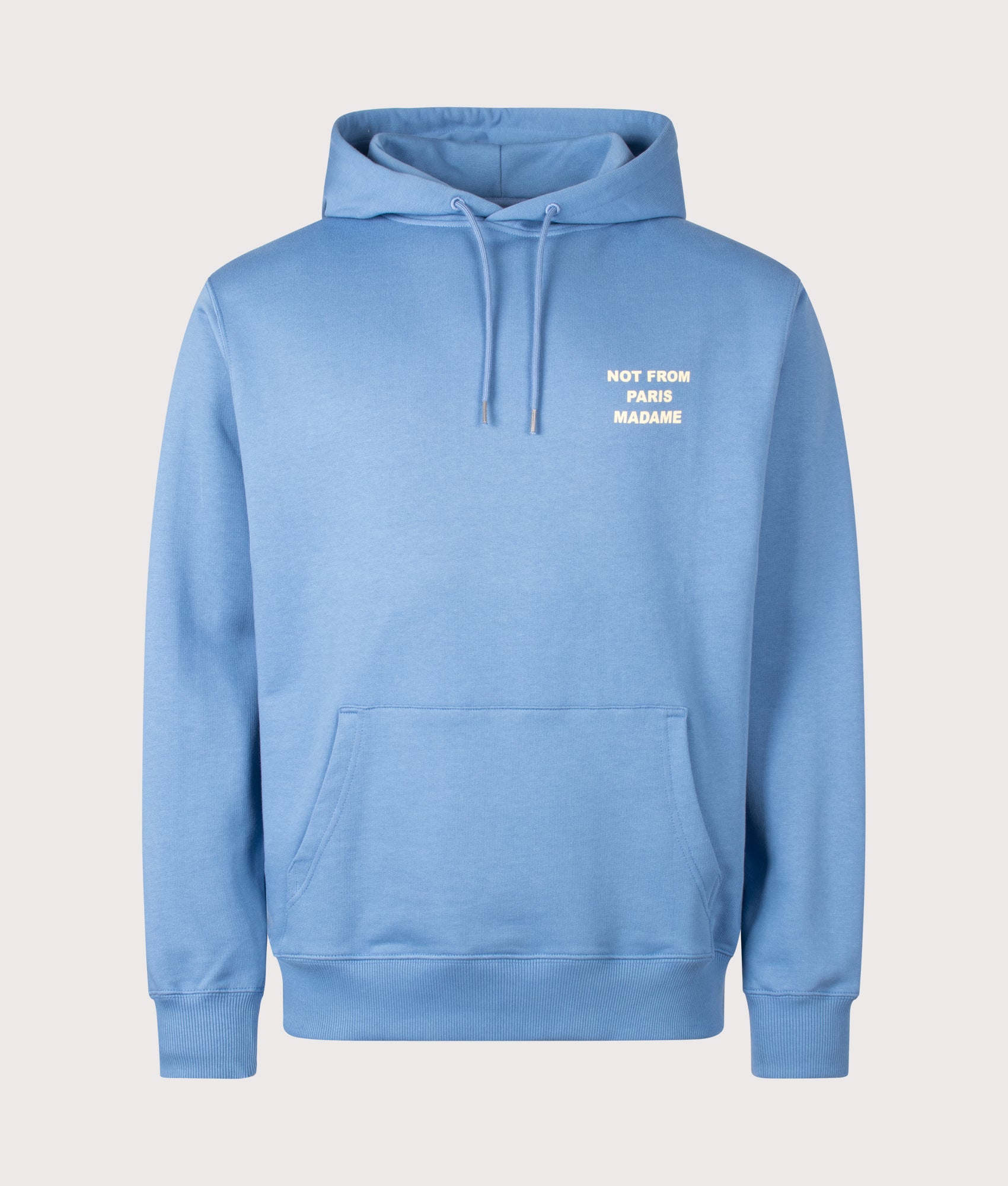 Drôle de Monsieur release the Relaxed Fit Slogan Hoodie in Atlantic Blue at EQVVS Menswear. Front shot.