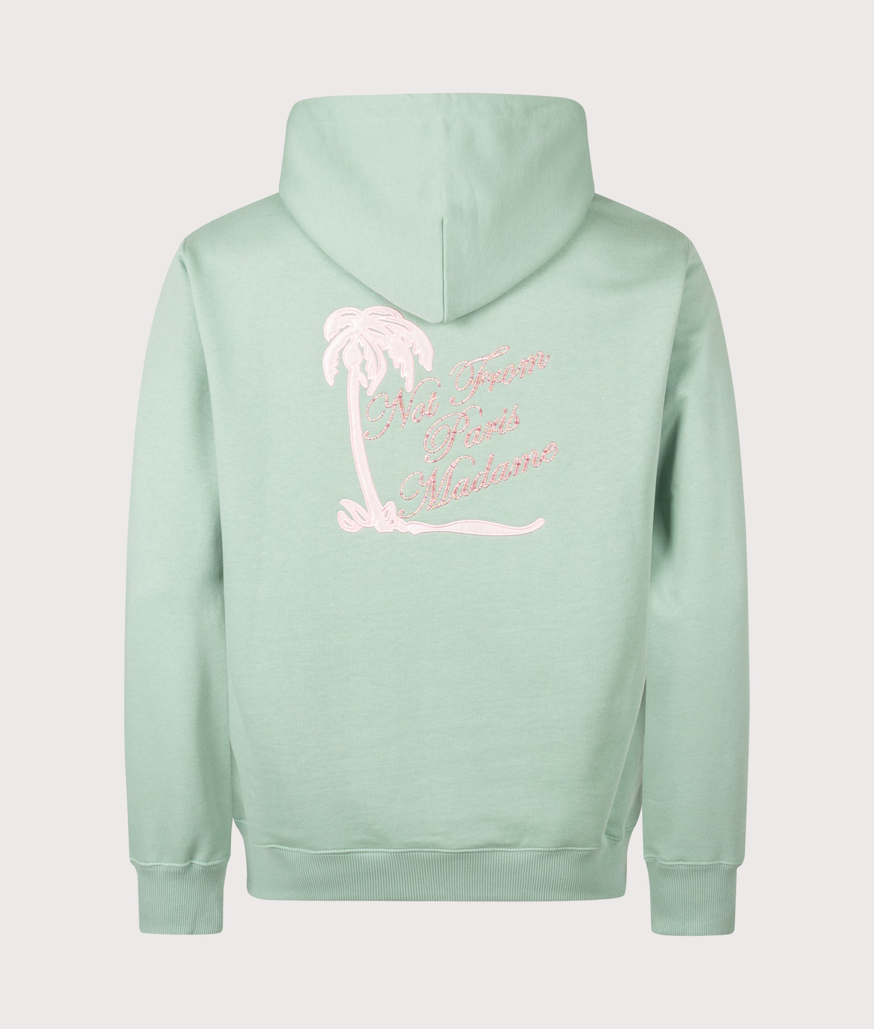 Drôle de Monsieur Relaxed Fit Palm Slogan Hoodie in Water Green at EQVVS Menswear. Back shot.