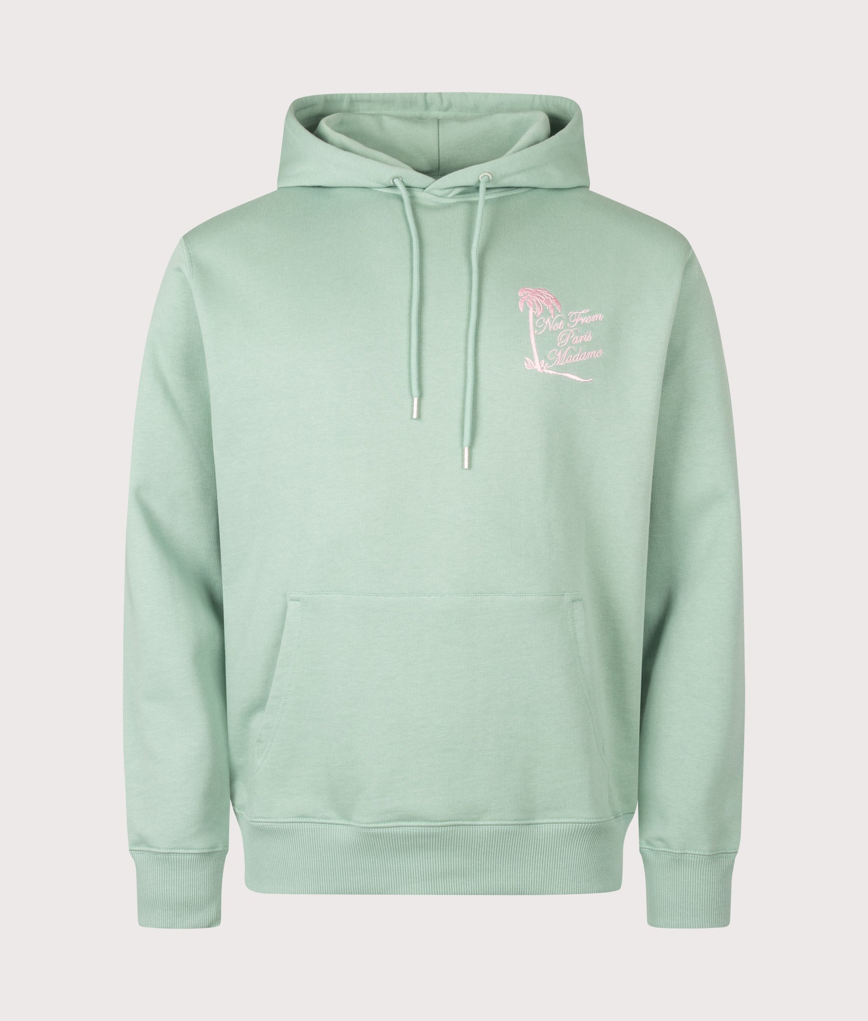 Drôle de Monsieur Relaxed Fit Palm Slogan Hoodie in Water Green at EQVVS Menswear. Front shot.