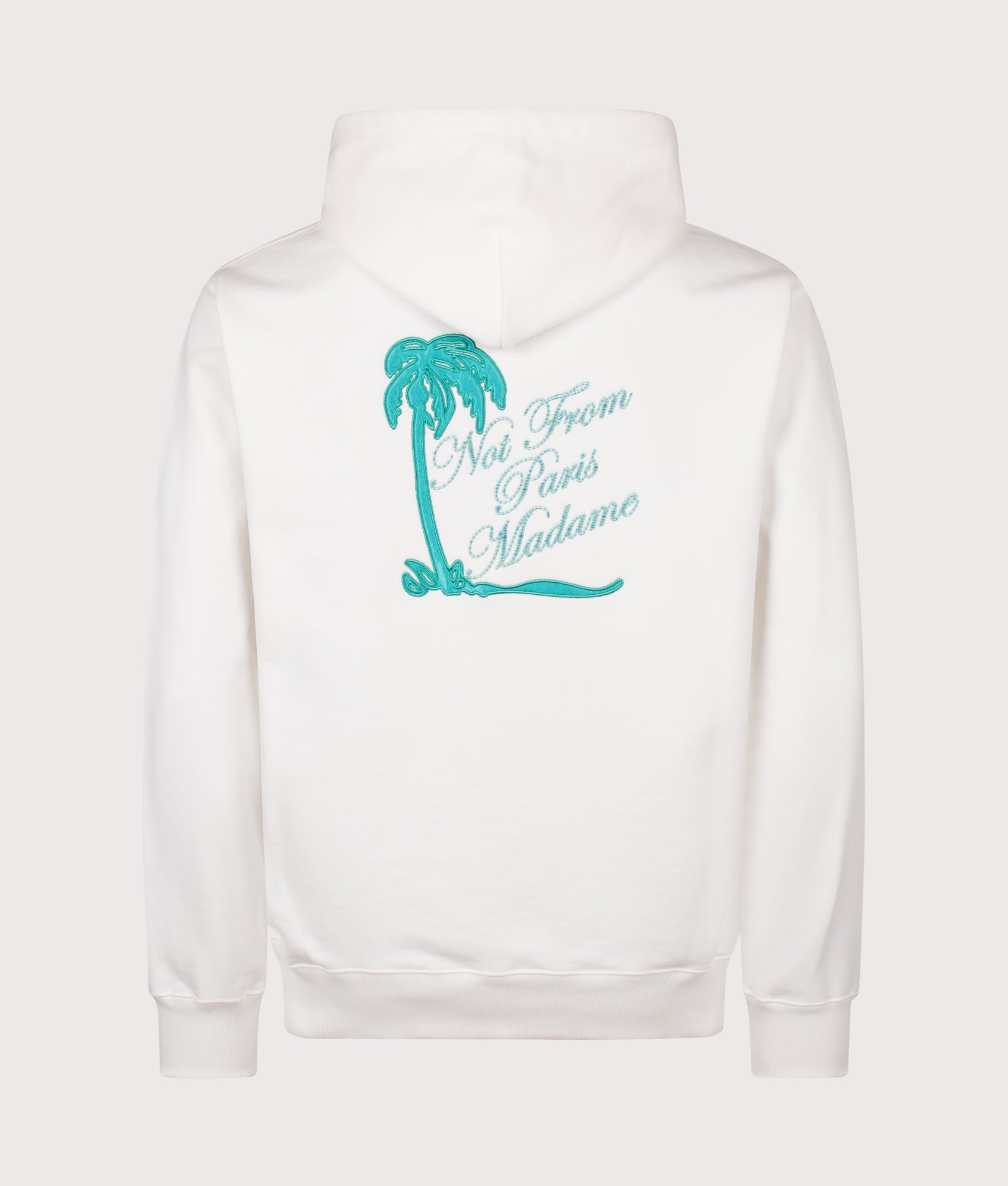 Drôle de Monsieur Relaxed Fit Palm Slogan Hoodie in Off White at EQVVS Menswear. Back shot.