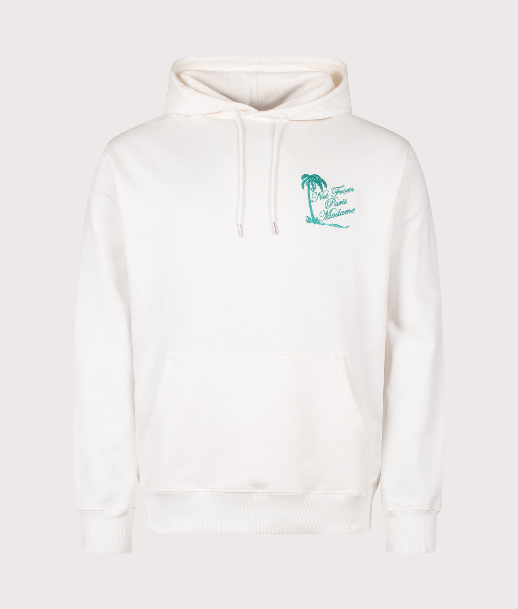 Drôle de Monsieur Relaxed Fit Palm Slogan Hoodie in Off White at EQVVS Menswear. Front shot.