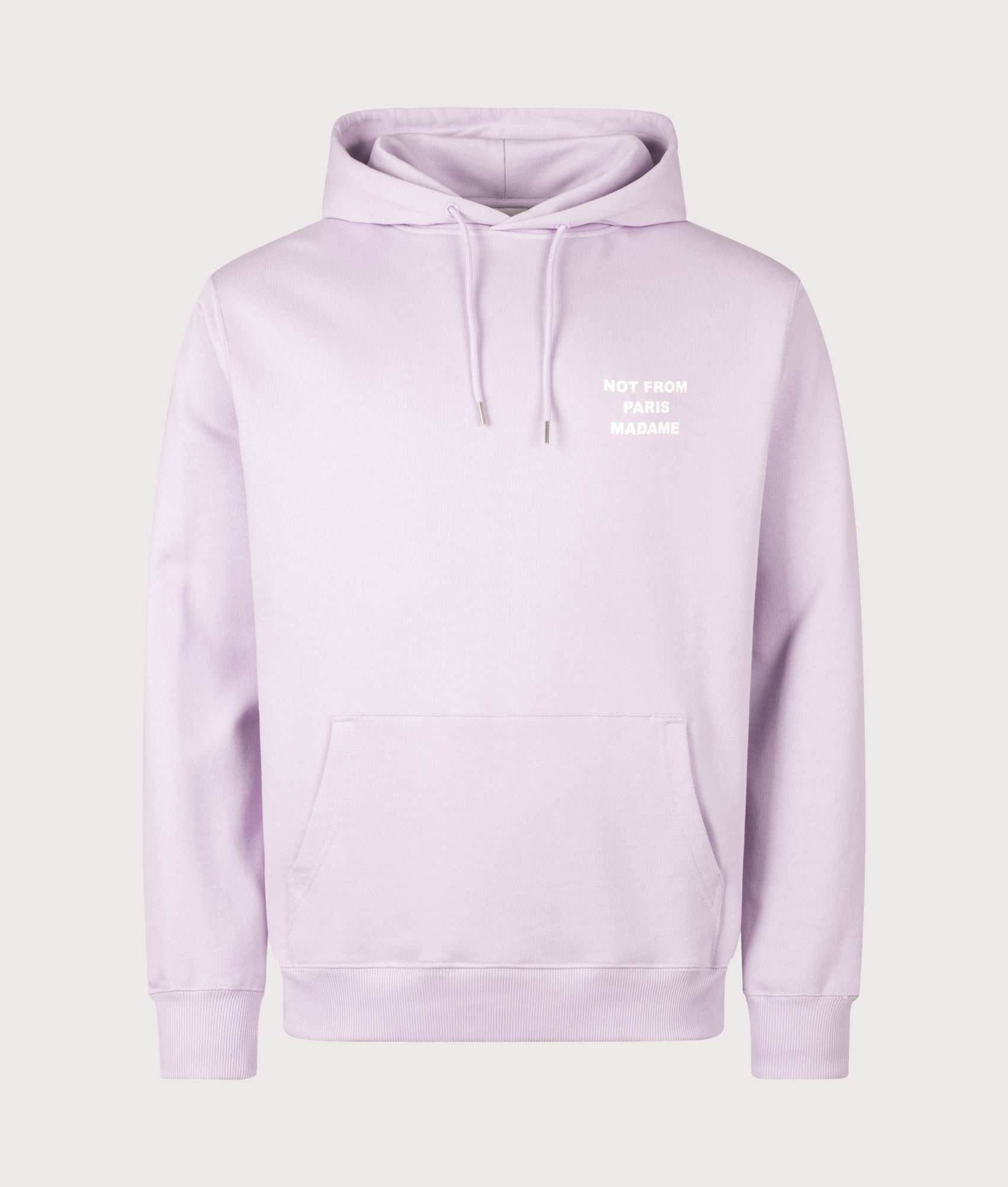 Drôle de Monsieur Relaxed Fit Slogan Hoodie this season in Lavender at EQVVS Menswear. Front shot.