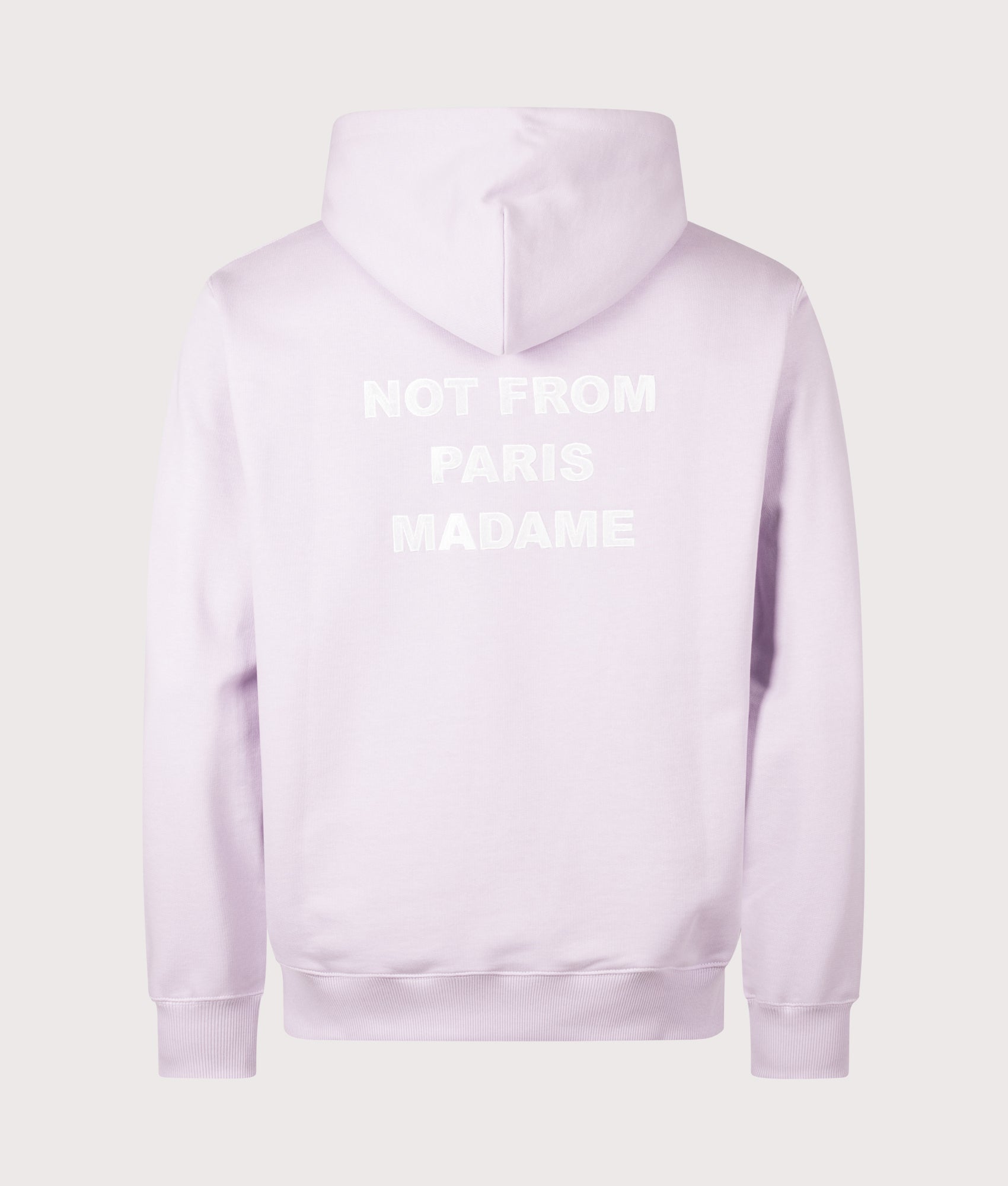 Drôle de Monsieur Relaxed Fit Slogan Hoodie this season in Lavender at EQVVS Menswear. Back shot.