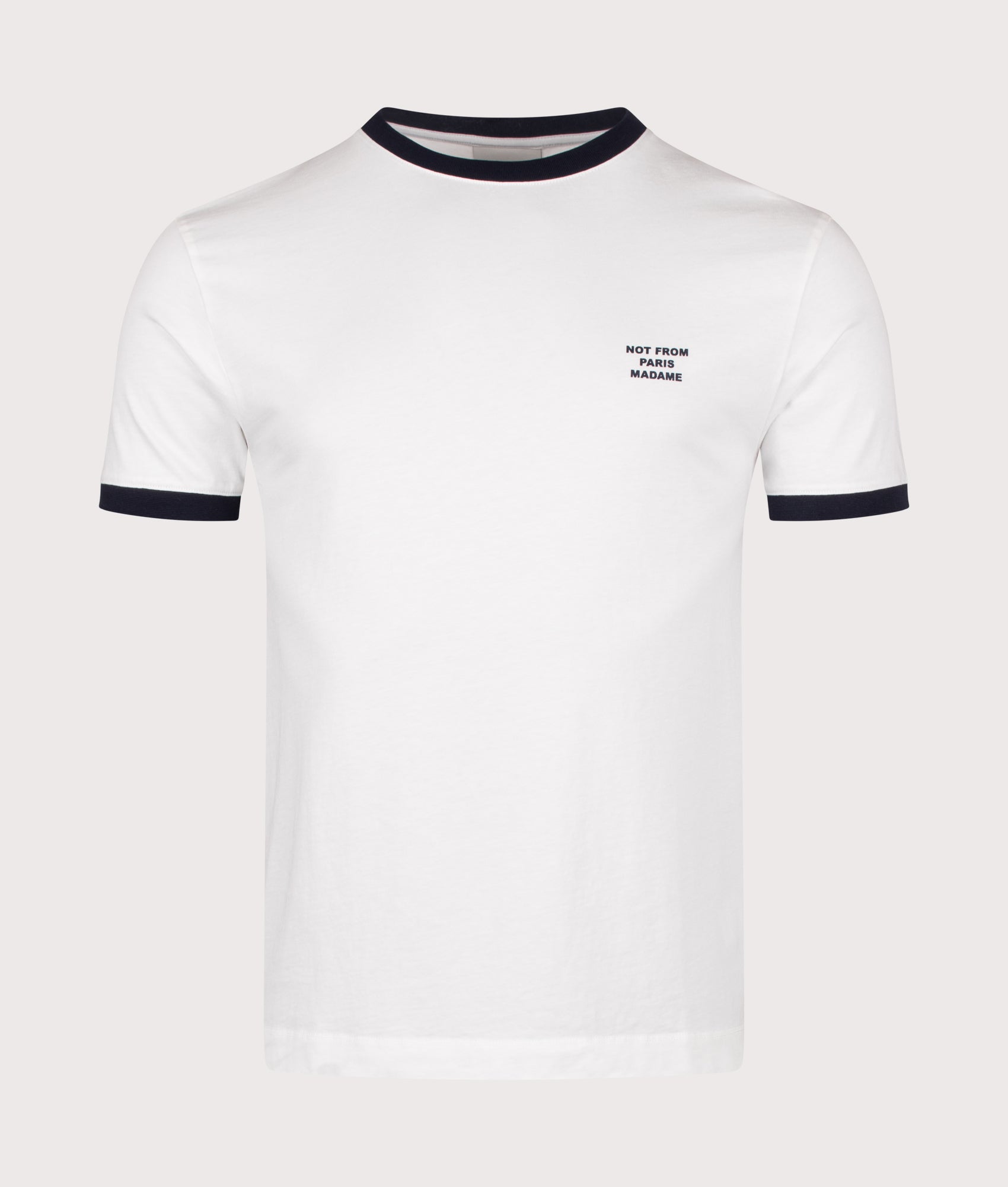 Drôle de Monsieur Contrasted Slogan T-shirt in Off White at EQVVS Menswear. Front shot.