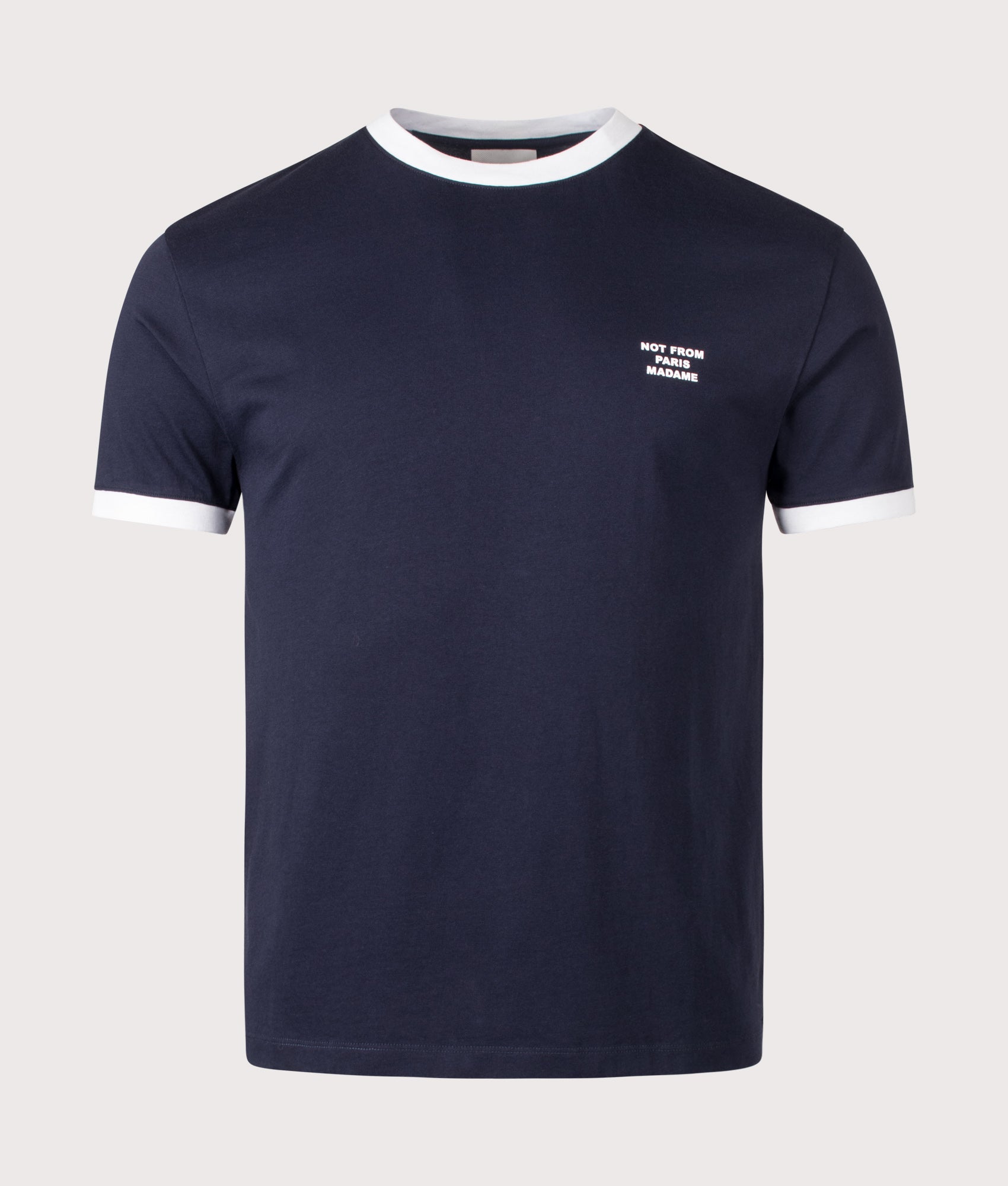 Contrasted Slogan T-shirt in Navy by Drôle de Monsieur. Shot by EQVVS. Front shot.