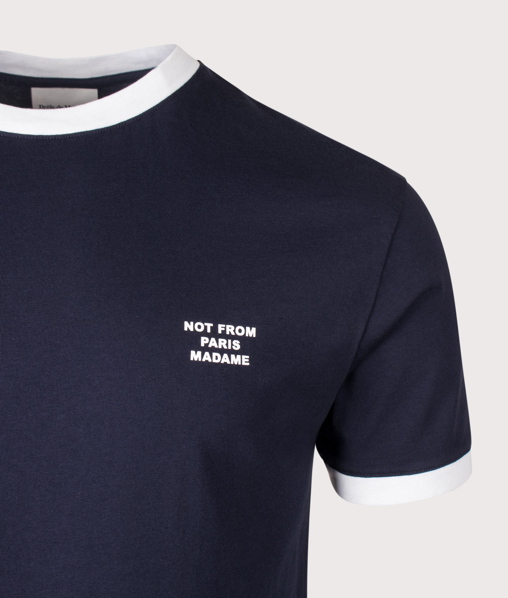 Contrasted Slogan T-shirt in Navy by Drôle de Monsieur. Shot by EQVVS. Detail shot.