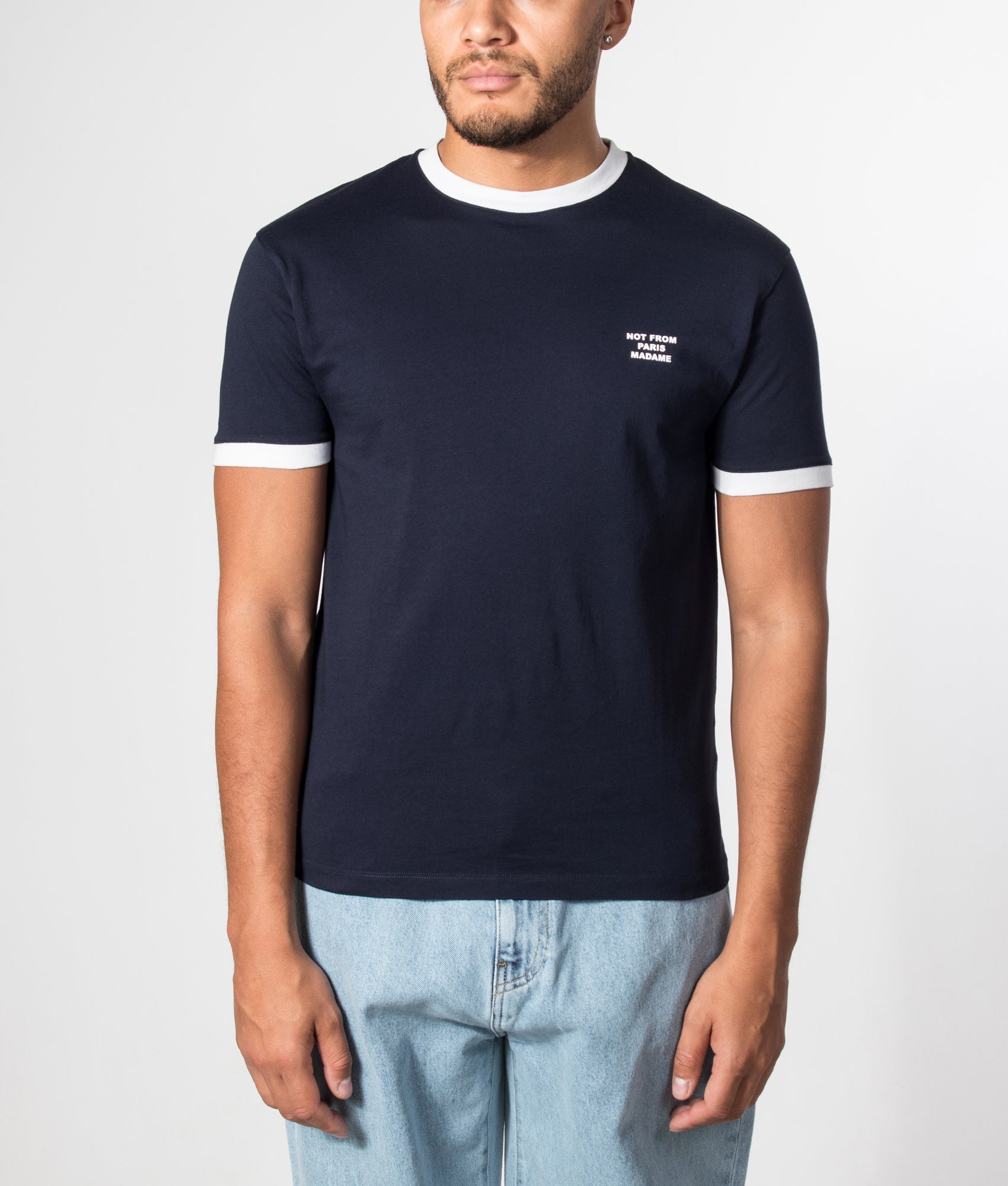 Drôle de Monsieur Contrasted Slogan T-shirt in Navy at EQVVS Menswear. Model front shot.
