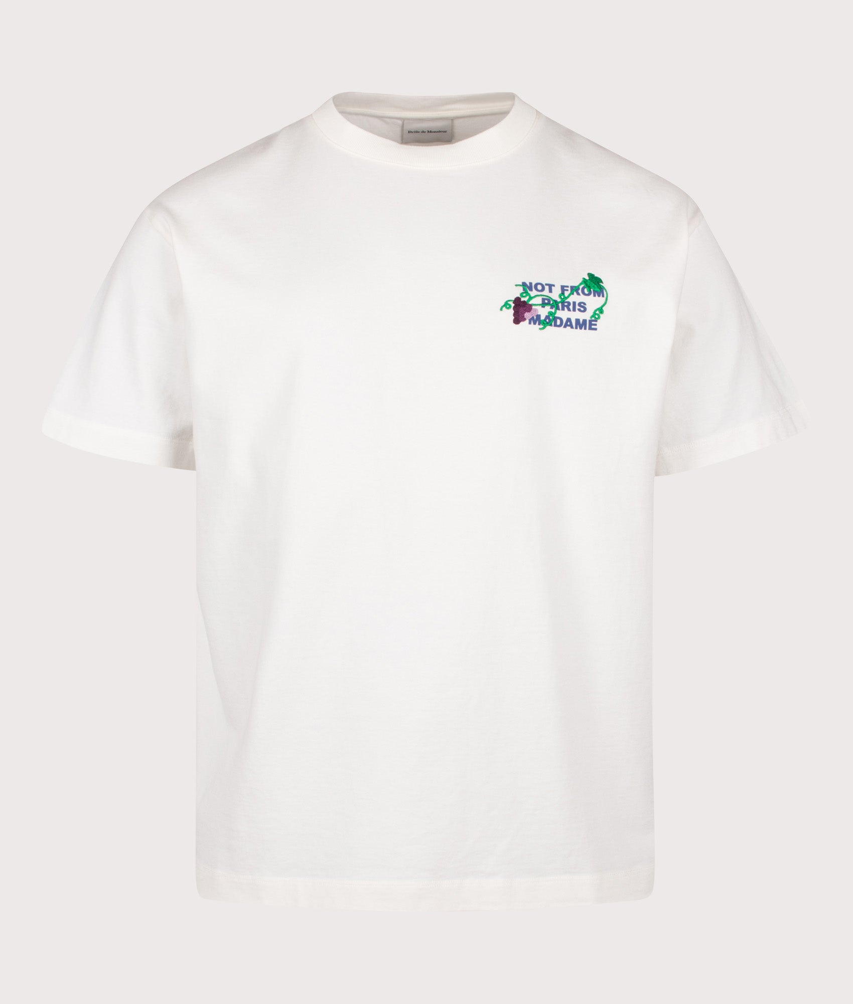 Drôle de Monsieur Relaxed Fit Vine Embroidered Slogan T-shirt in Off White at EQVVS Menswear. Front shot.