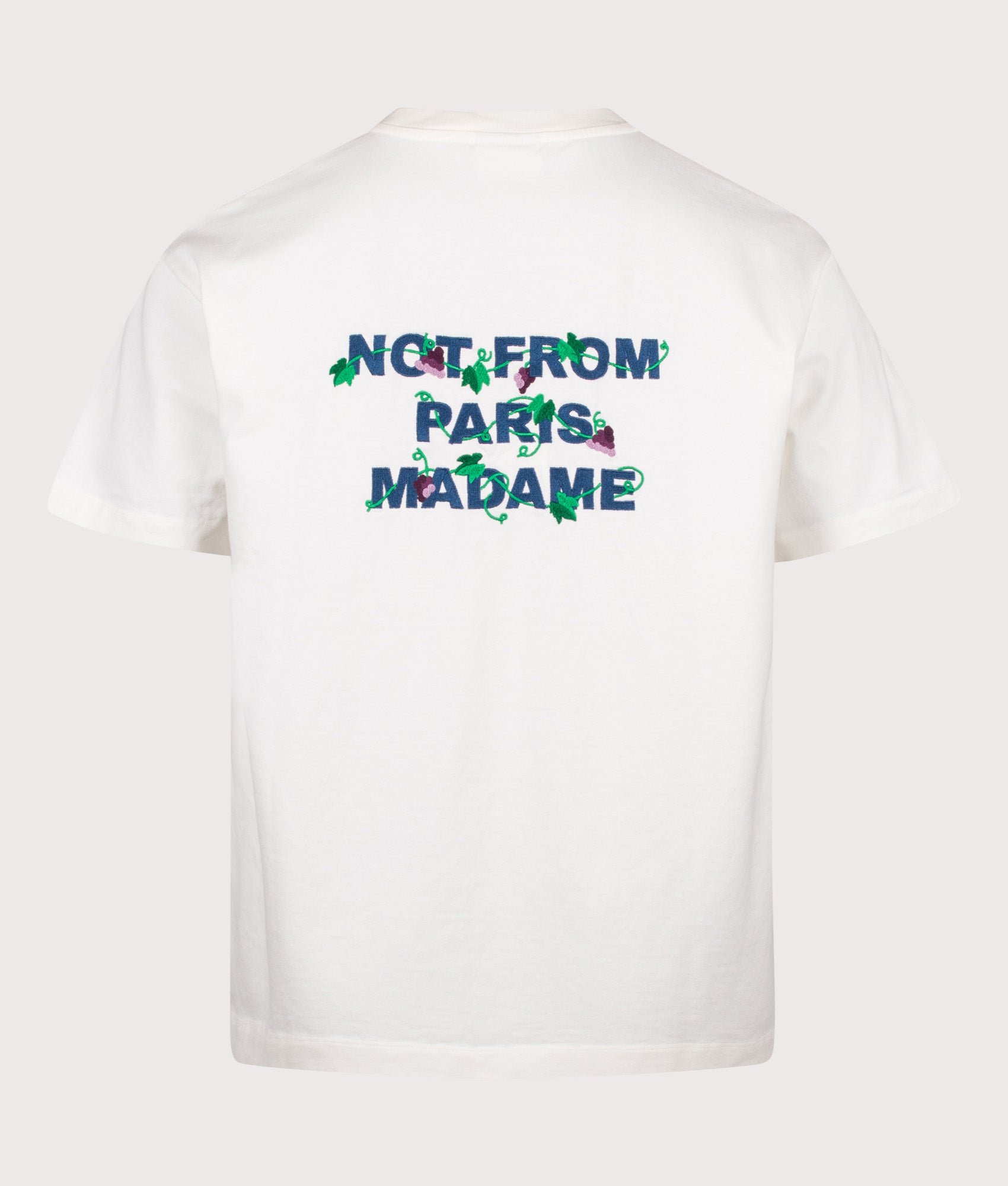 Drôle de Monsieur Relaxed Fit Vine Embroidered Slogan T-shirt in Off White at EQVVS Menswear. Back shot.