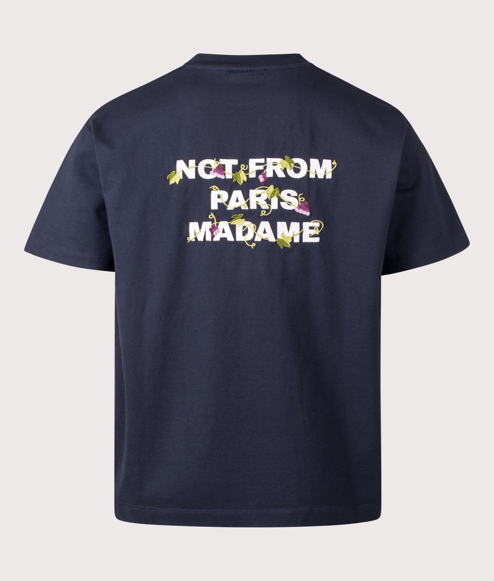 Drôle de Monsieur Relaxed Fit Vine Embroidered Slogan T-shirt in Navy at EQVVS Menswear. Back shot.