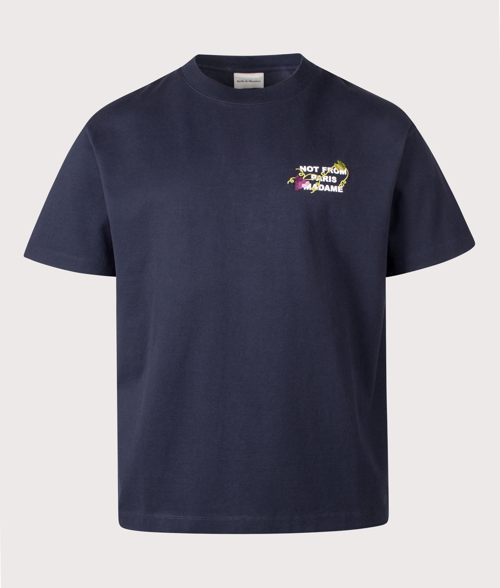 Drôle de Monsieur Relaxed Fit Vine Embroidered Slogan T-shirt in Navy at EQVVS Menswear. Front shot.