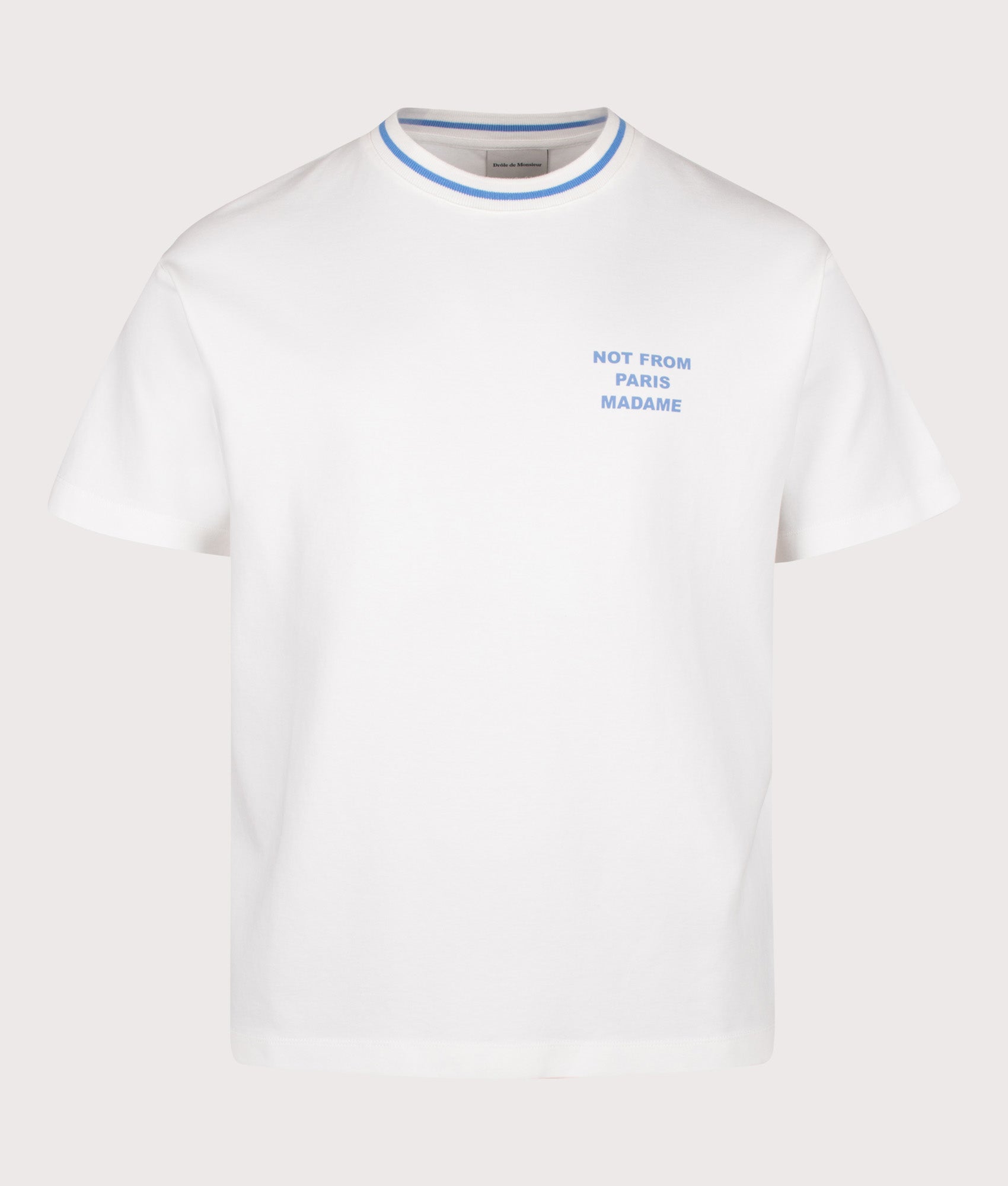 Drôle de Monsieur Sport Slogan T-shirt in Off White at EQVVS Menswear. Front shot.
